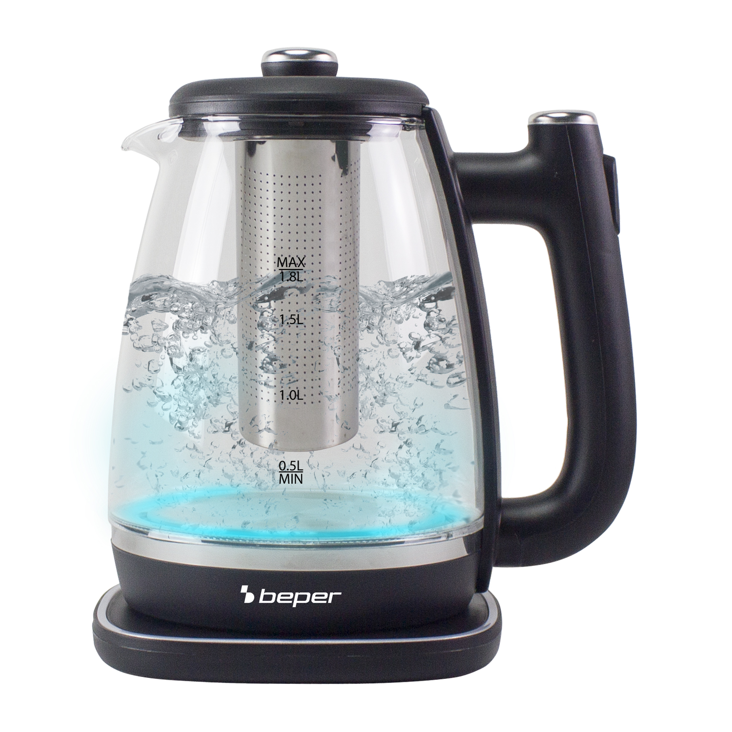Un bollitore elettrico in vetro con acqua all'interno. Ha una base e un manico neri, con un filtro argentato all'interno. L'acqua bolle.