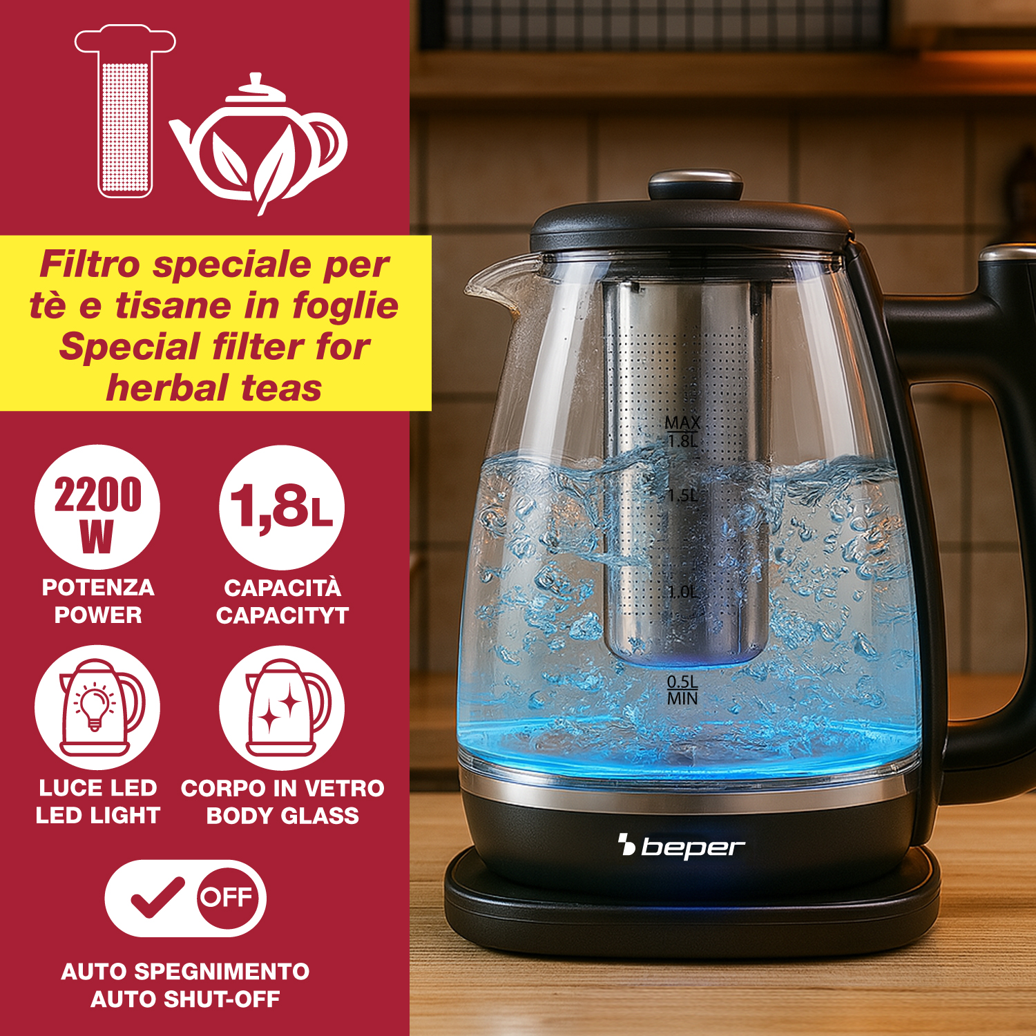 Un bollitore elettrico in vetro con filtro speciale per tisane. Ha un LED blu, una base nera e un manico nero.