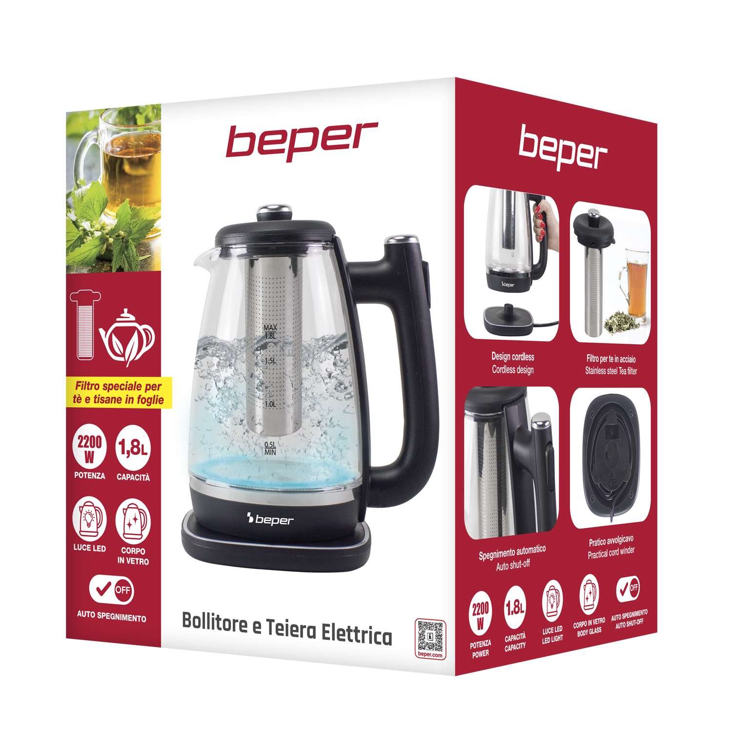Un bollitore elettrico Beper con corpo in vetro, base nera e manico. Include un infusore per tè e un design senza fili.