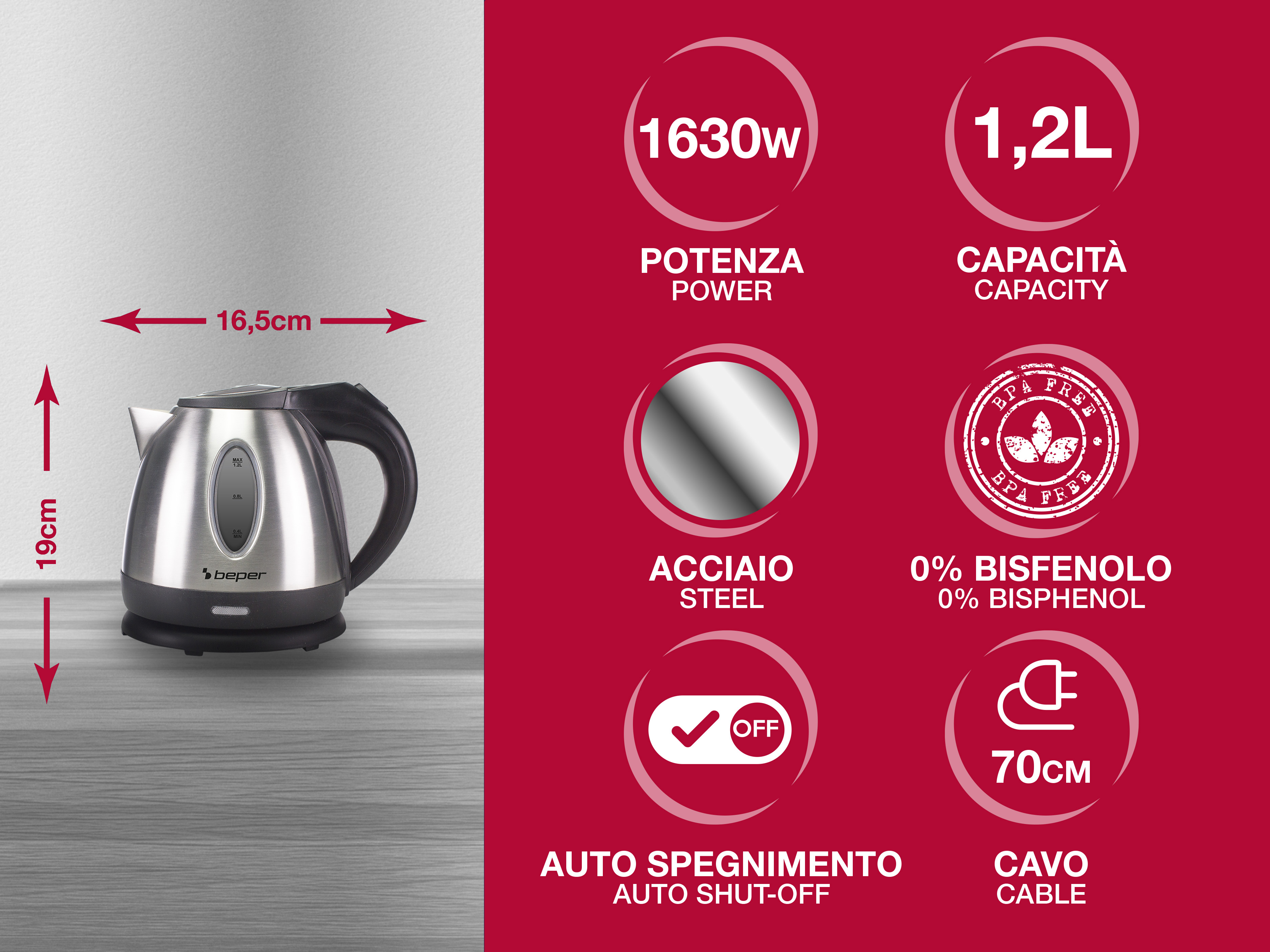 Bollitore elettrico in acciaio inox con dimensioni e specifiche su sfondo rosso.