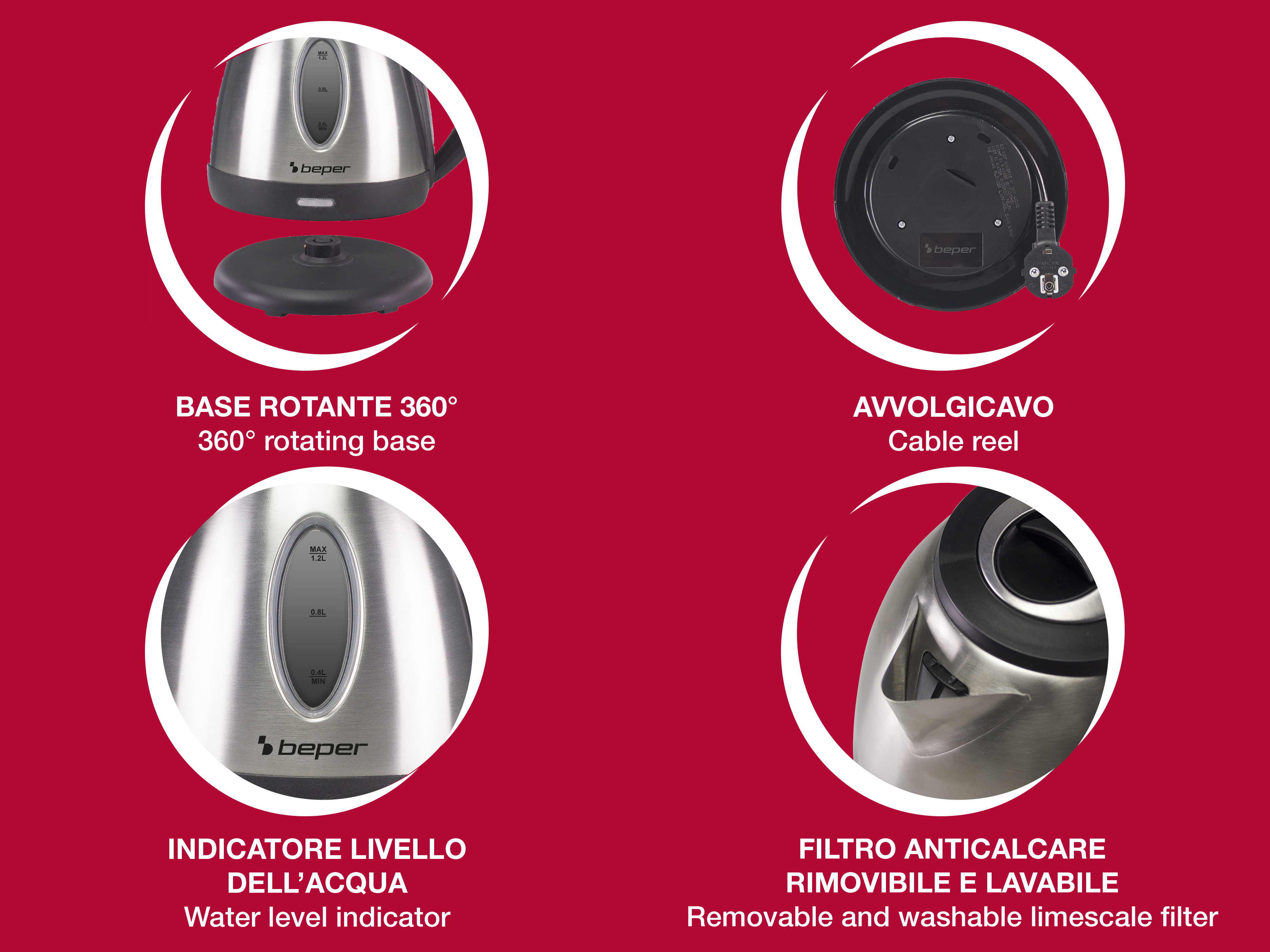 Un bollitore elettrico con base rotante, indicatore livello acqua, avvolgicavo e filtro anticalcare rimovibile.