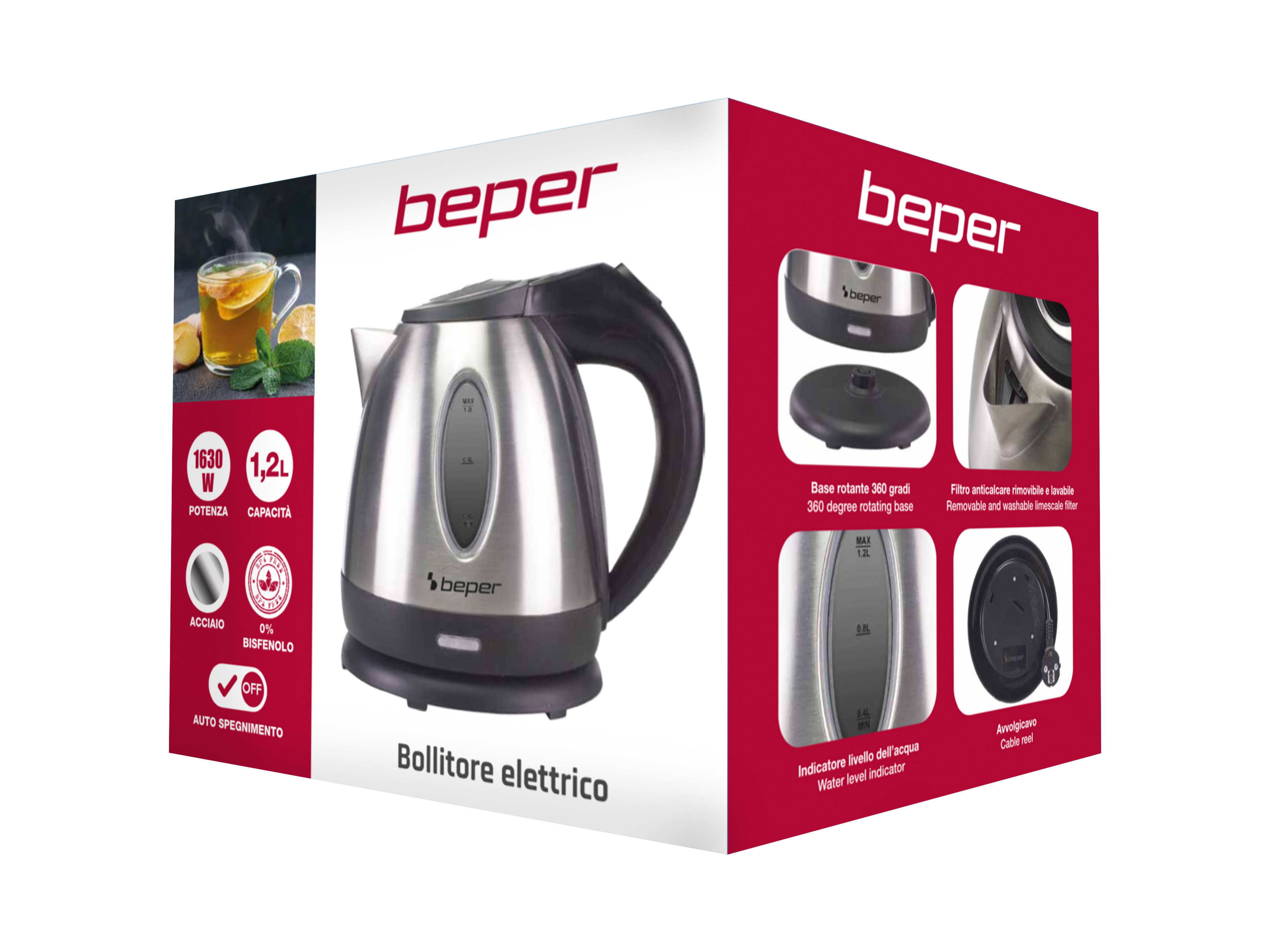 Un bollitore elettrico con corpo in acciaio inox, manico nero e indicatore livello acqua. Il marchio è Beper.