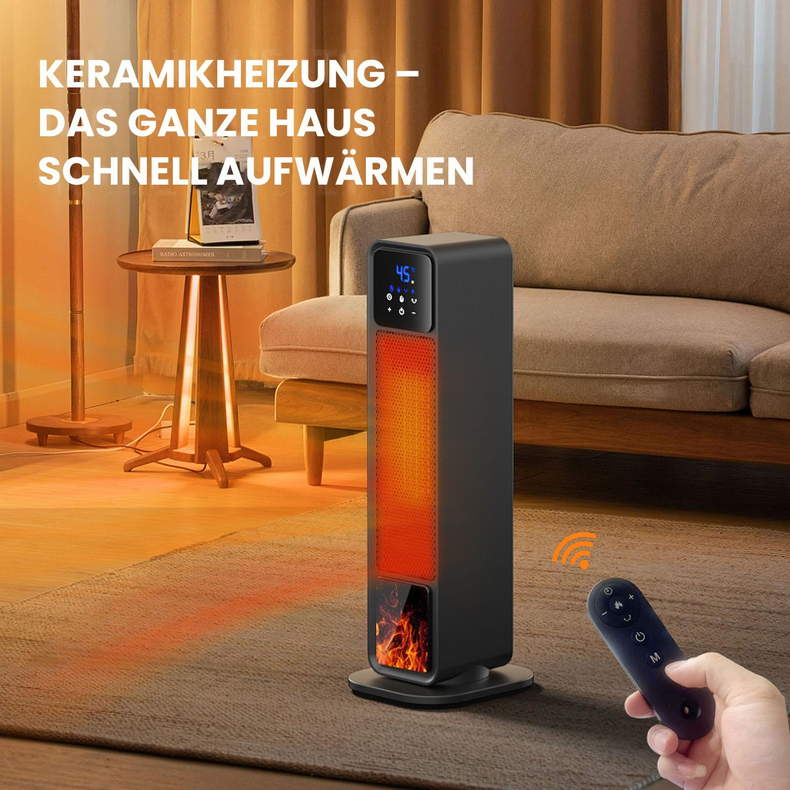 Ein schwarzer Keramikheizer ist eingeschaltet. Eine Fernbedienung ist in einer Hand. Sofa und Tisch sind im Hintergrund sichtbar.