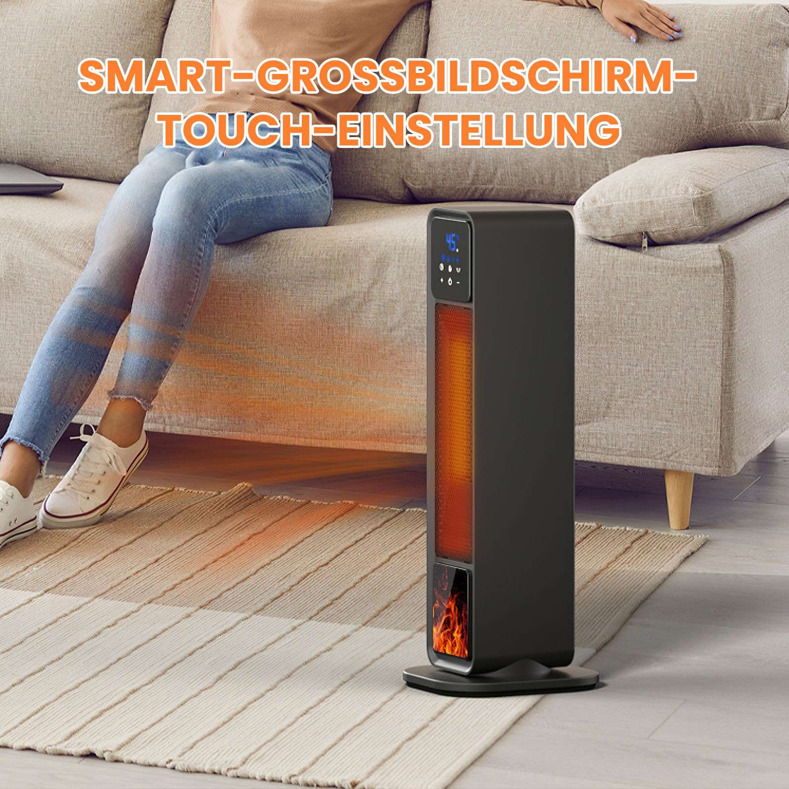 Eine Person sitzt auf einem Sofa in der Nähe eines schwarzen Heizgeräts. Das Heizgerät hat eine Digitalanzeige und einen flammenartigen Effekt.