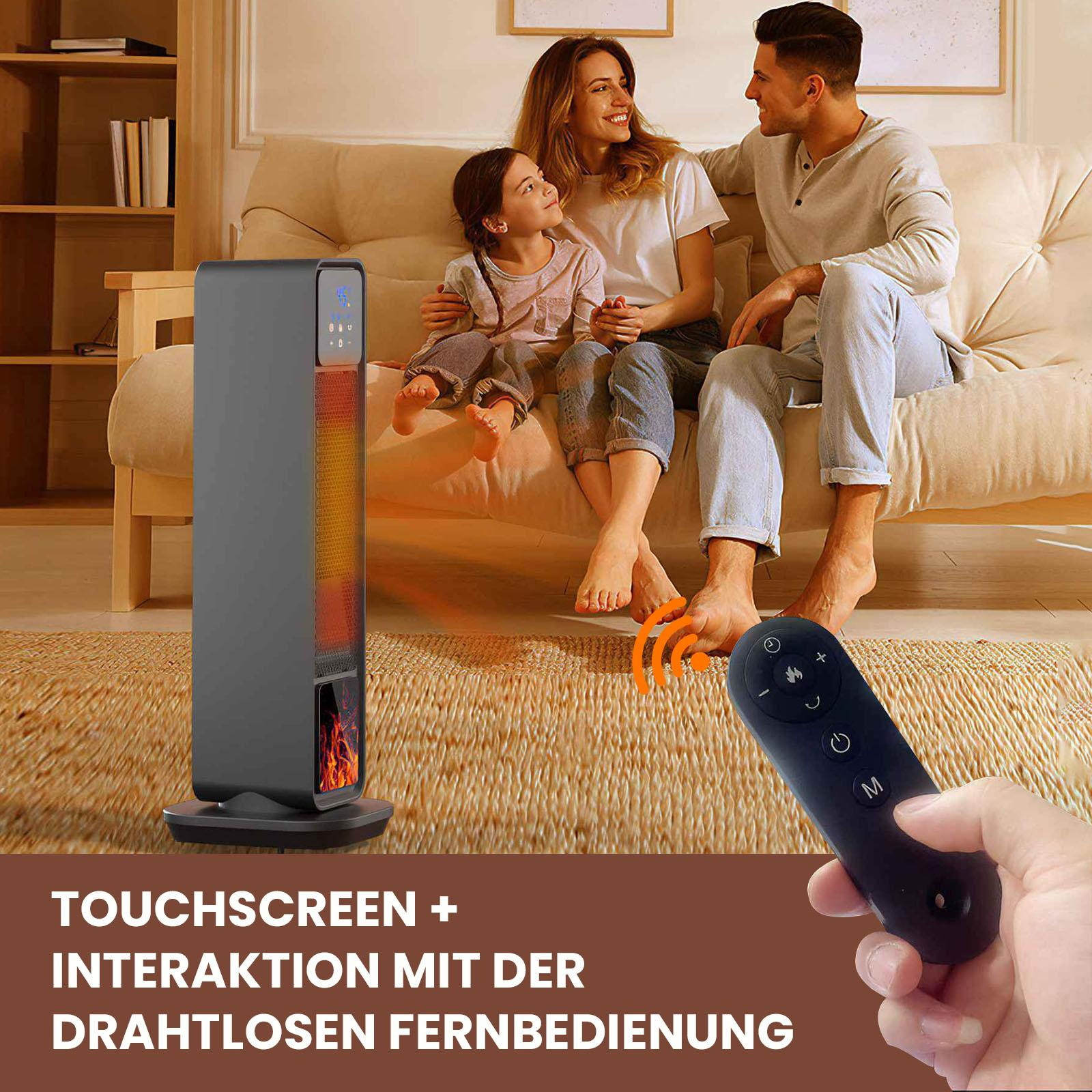 Eine Familie sitzt in der Nähe einer Heizung. Eine Hand hält eine Fernbedienung. Text: Touchscreen + Interaktion mit der drahtlosen Fernbedienung.