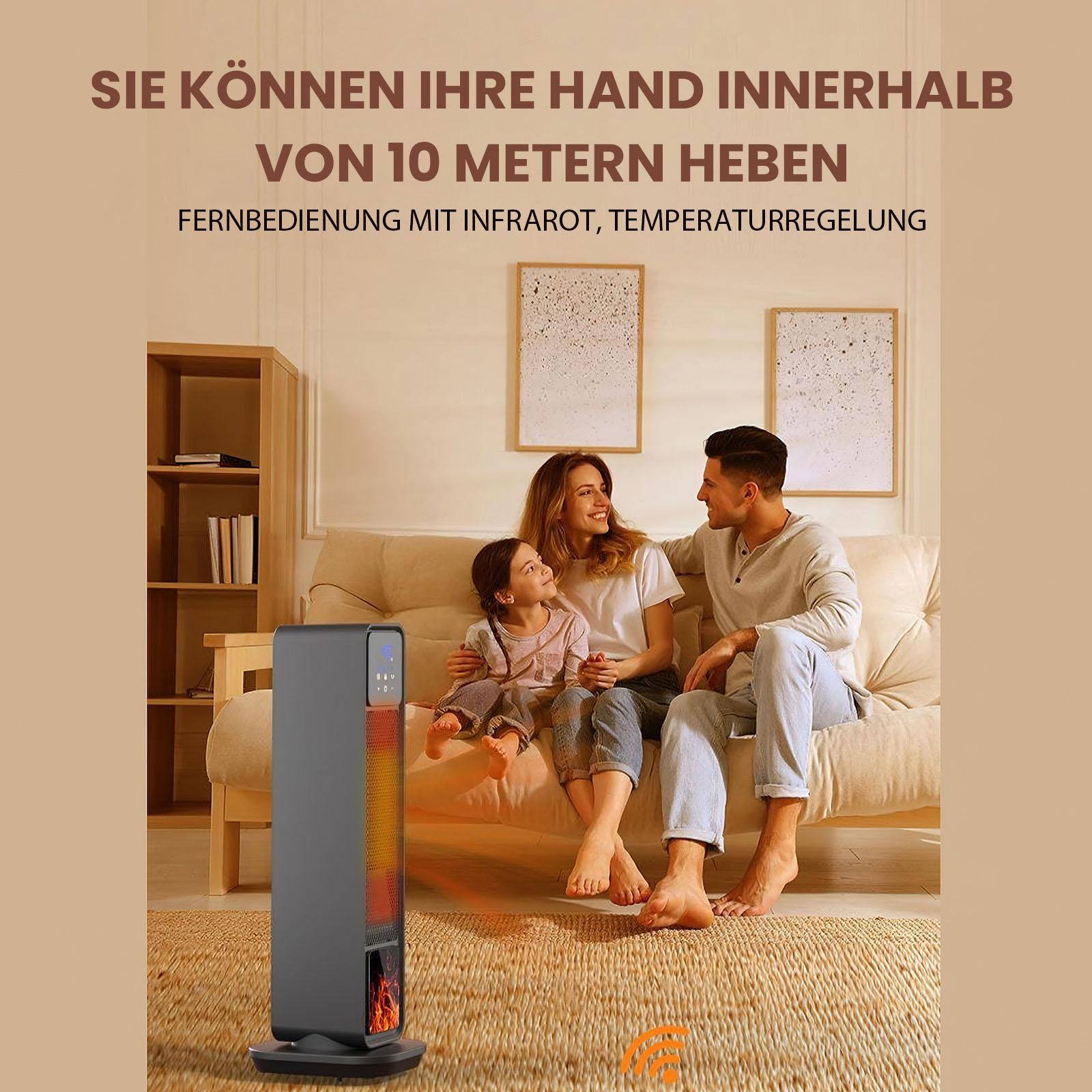 Eine Familie sitzt auf einem Sofa mit einem Heizgerät. Das Heizgerät ist schwarz und hat eine feuerartige Anzeige.