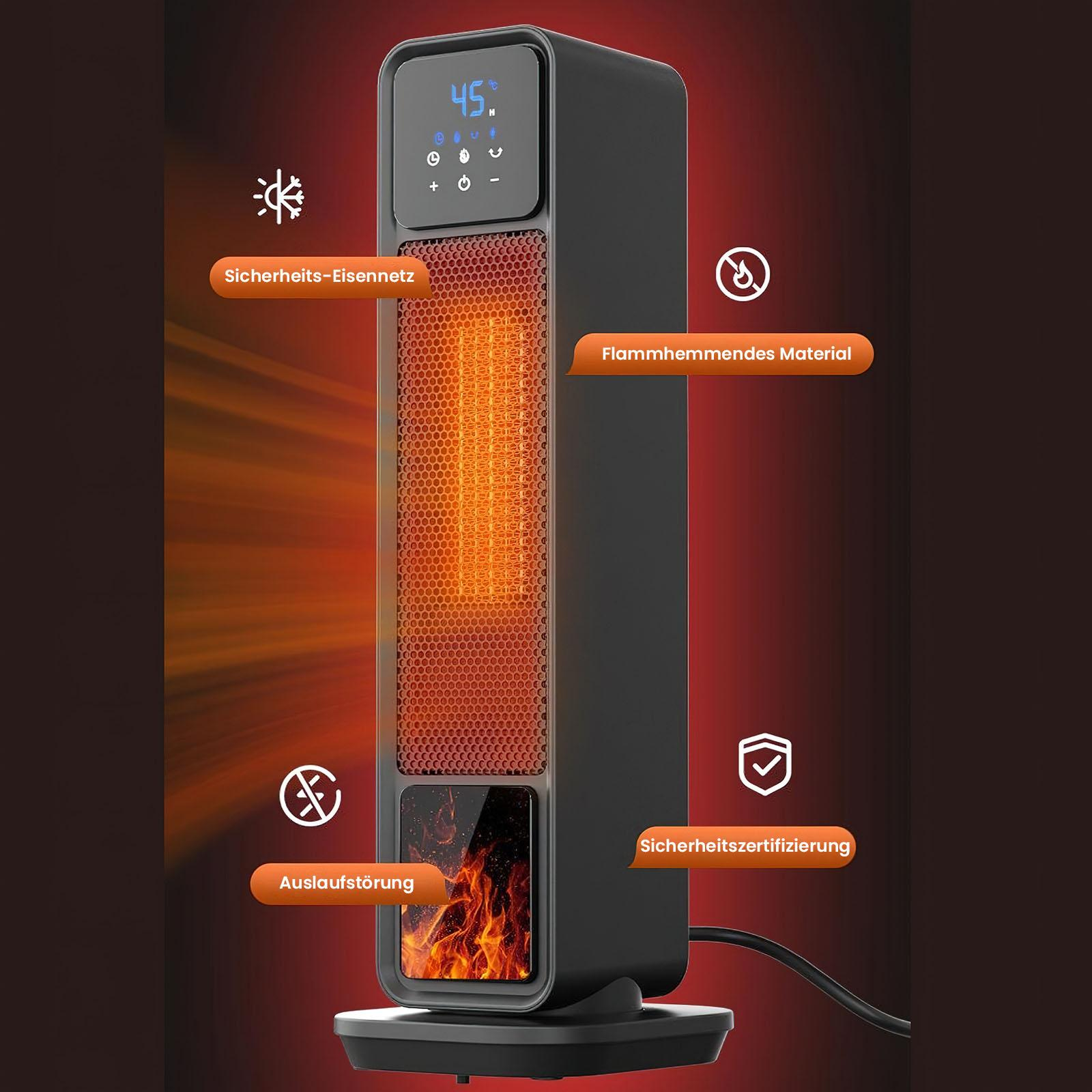 Ein schwarzer Heizlüfter mit Digitalanzeige, Sicherheitsmerkmalen und einem feurigen Element, auf rotem Hintergrund.