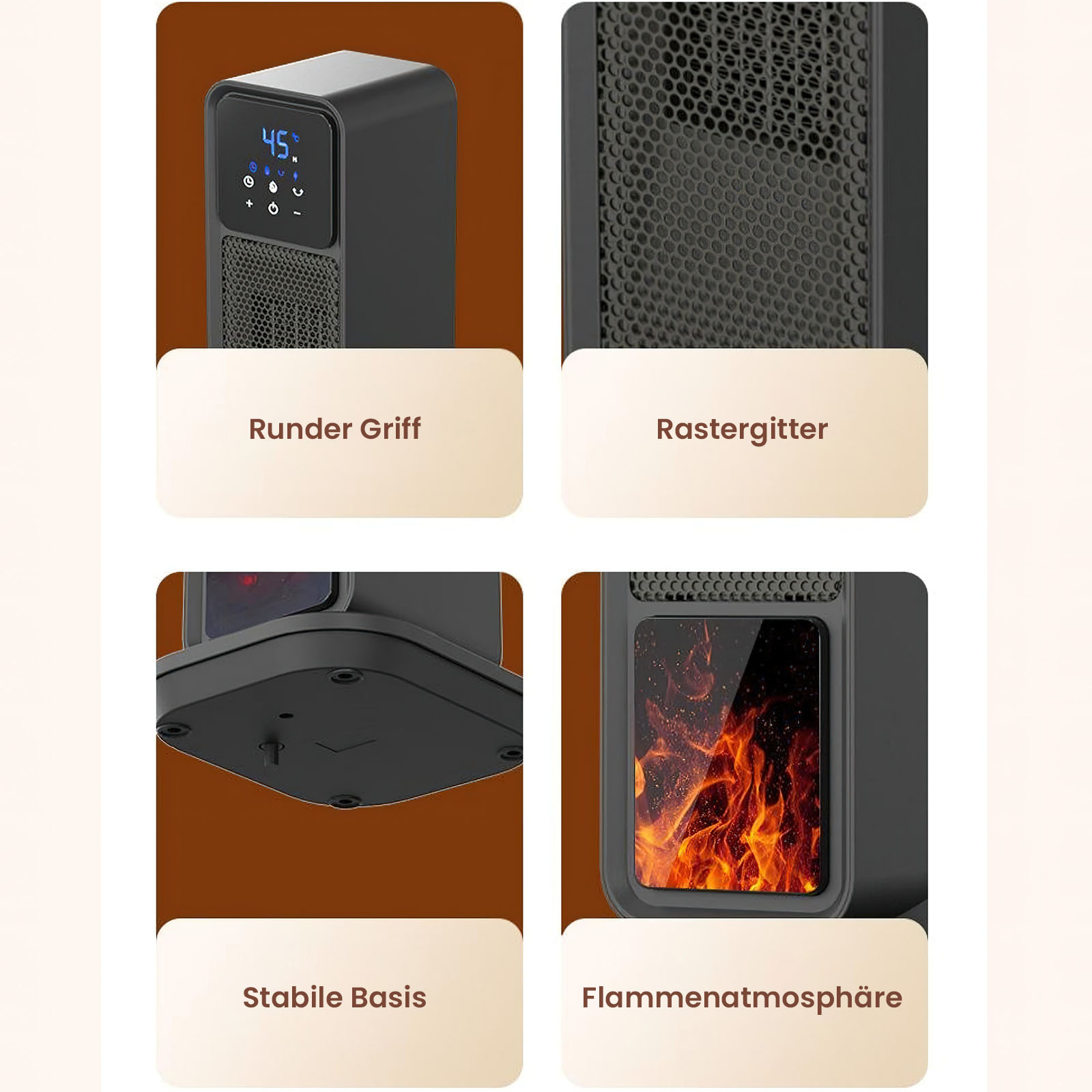 Ein schwarzer Elektroheizer mit Digitalanzeige, die 45 anzeigt. Er hat eine Gitterfront und einen Flammeneffekt.