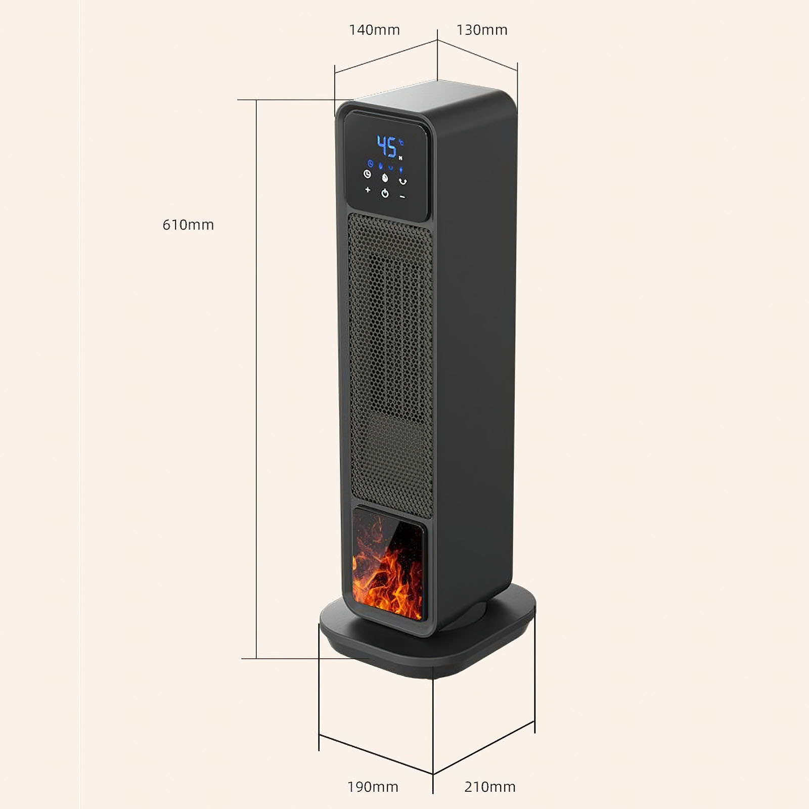 Schwarzer Elektroheizer mit Digitalanzeige mit 45 Grad. Er hat eine feuerartige Anzeige unten.