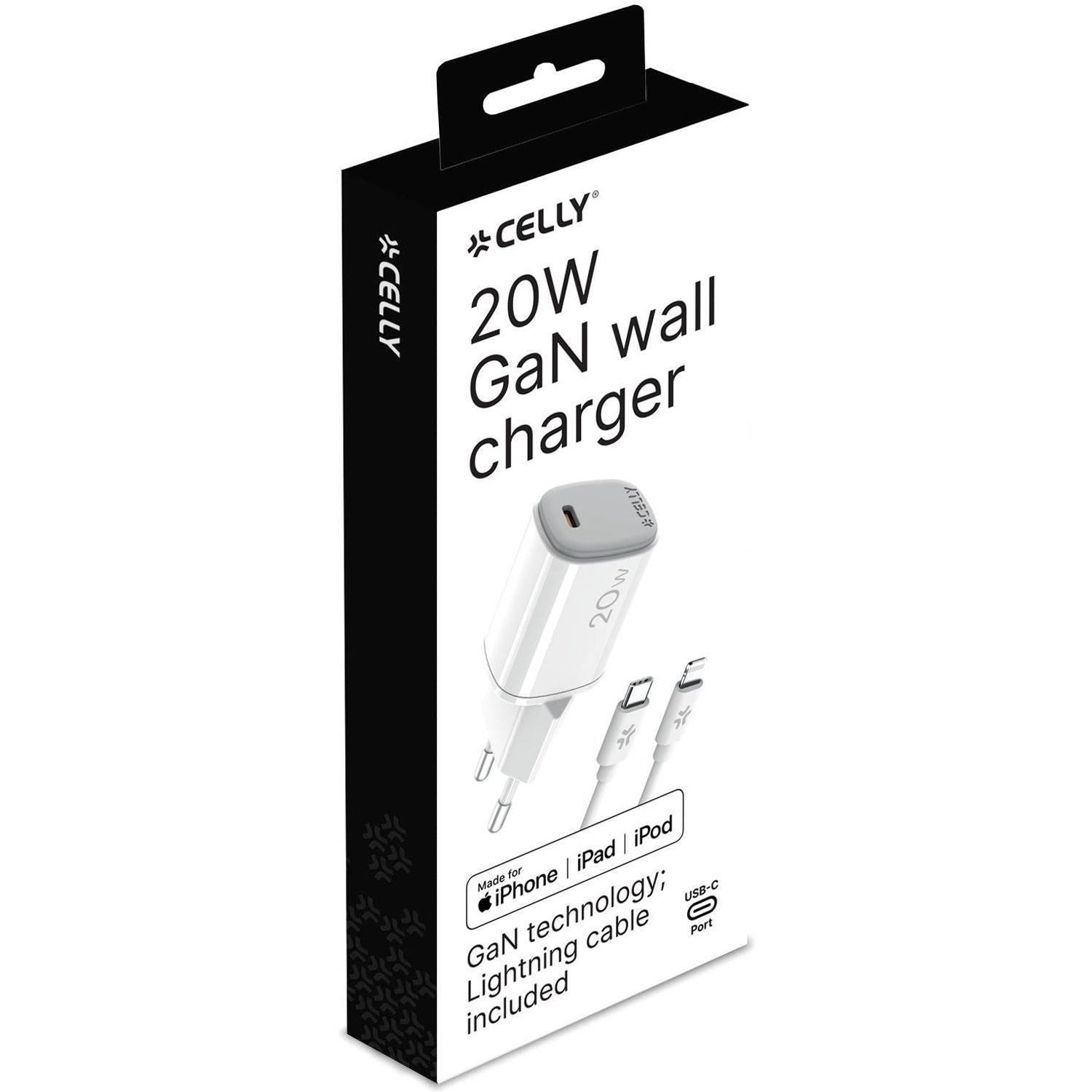 Una caja del cargador de pared Celly 20W GaN, en blanco y negro. Incluye el cargador y un cable Lightning, adecuado para iPhone, iPad y iPod.