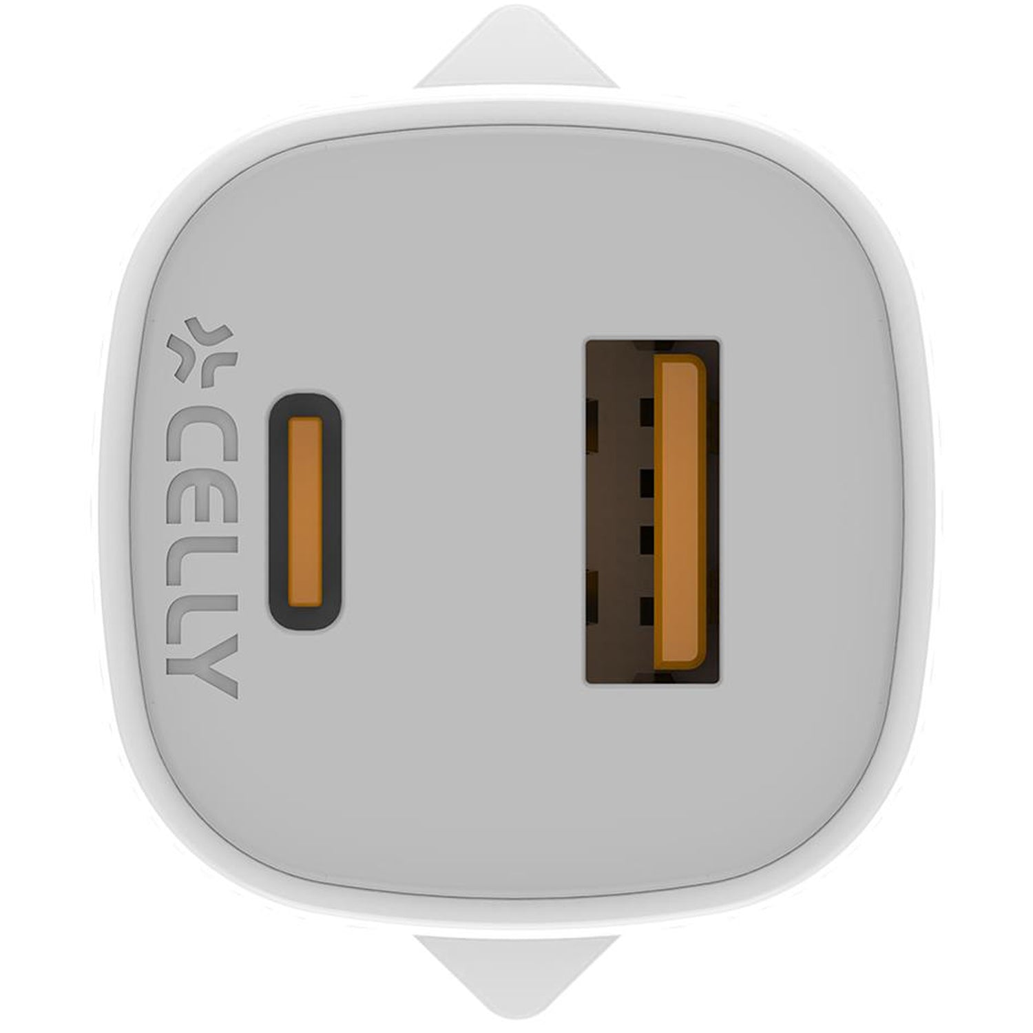 Un cargador USB Celly blanco. Tiene dos puertos USB, uno estándar y otro más pequeño. El logotipo de Celly está en el lateral.