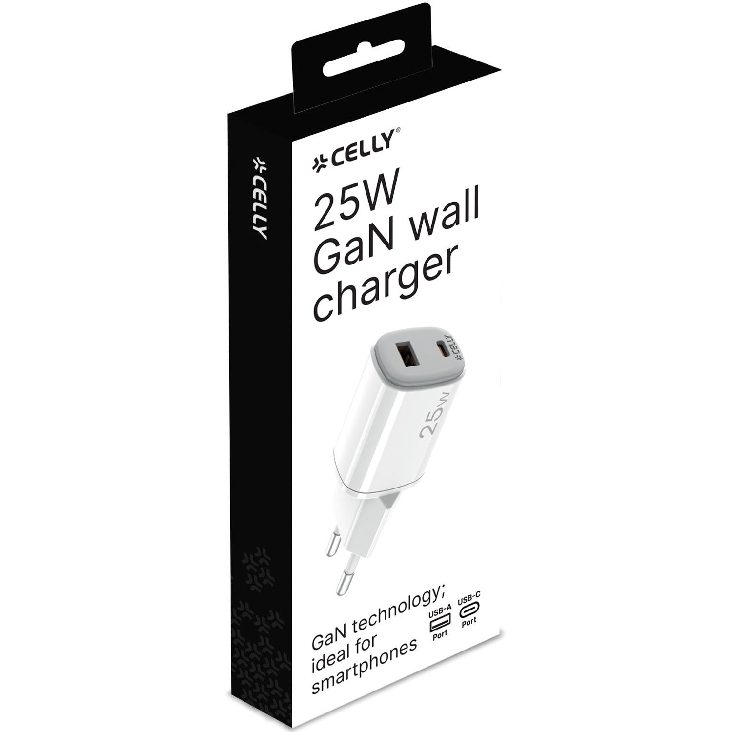 Caja blanca y negra de un cargador de pared GaN de 25W. La marca es CELLY. Tiene puertos USB-A y USB-C.
