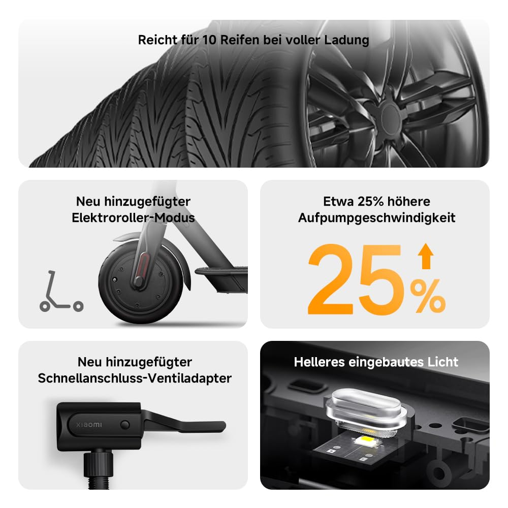 Werbebild mit Reifen, Roller und prozentualer Steigerung. Zu den Merkmalen gehören der Elektrorollermodus, Adapter und helleres Licht.