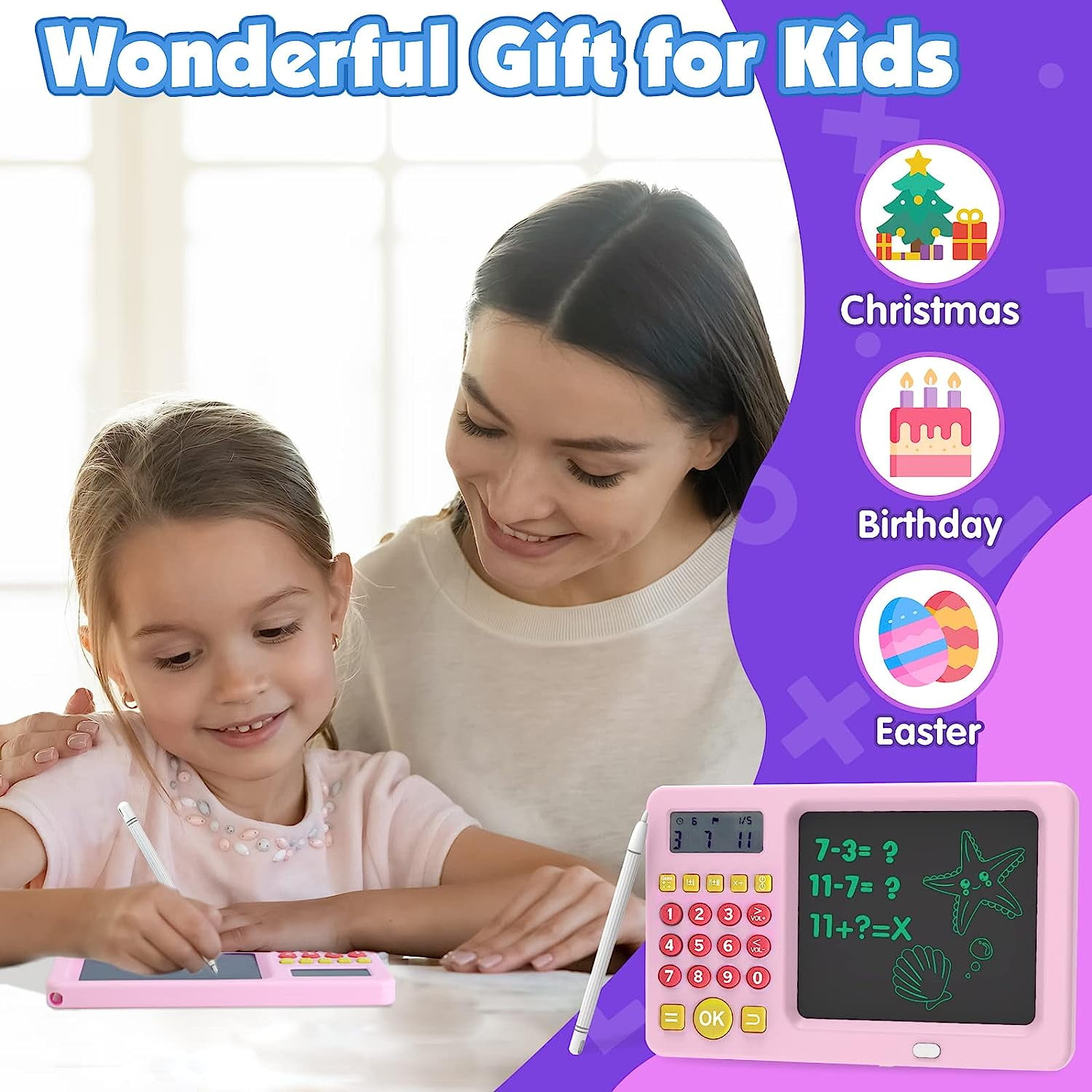 Ein Mädchen und eine Frau mit einem rosa Zeichentablett, Weihnacht-, Geburtstags- und Ostern-Symbolen. Text sagt 'Wunderbares Geschenk für Kinder'.