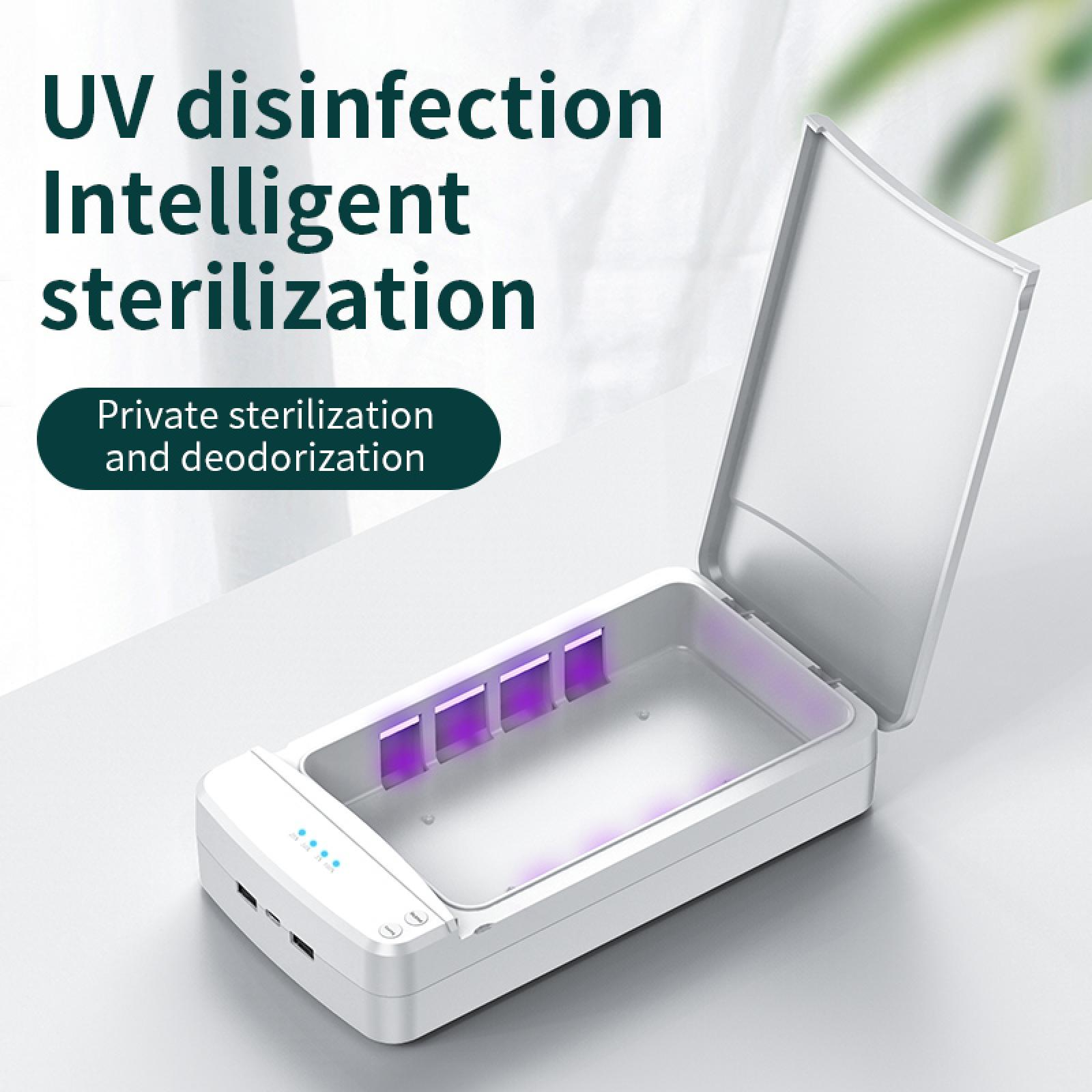 Eine weiße UV-Sterilisationsbox ist geöffnet und zeigt violette UV-Lichter. Der Deckel ist angeklappt. Text oben: UV-Desinfektion.
