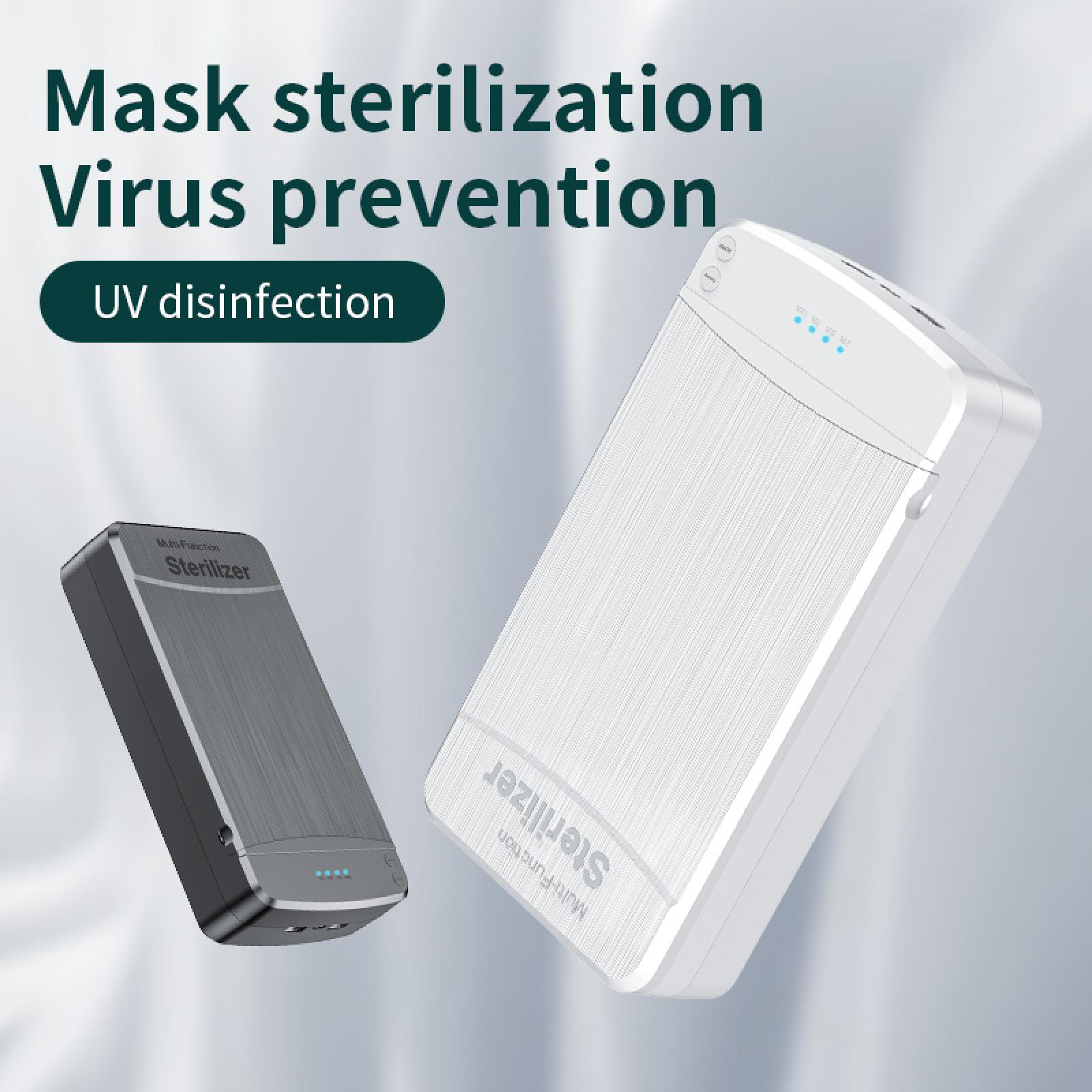 Das Bild zeigt zwei UV-Sterilisatoren. Einer ist grau, der andere weiß. Der Text lautet: 'Maskensterilisation, Virusprävention, UV-Desinfektion'.