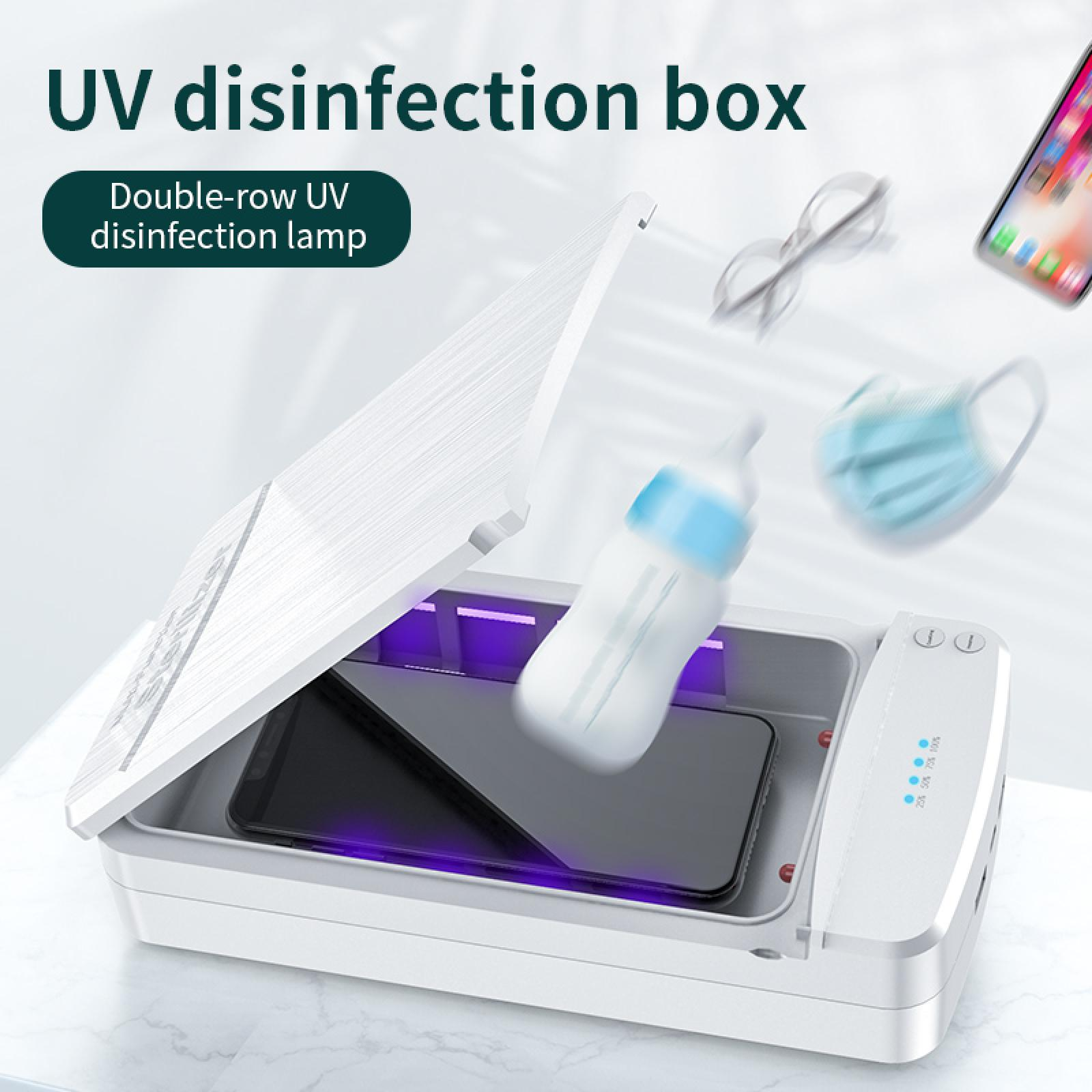 Eine weiße UV-Desinfektionsbox mit offenem Deckel. Ein Telefon ist darin. Gegenstände wie Brille, Maske und Flasche fallen.