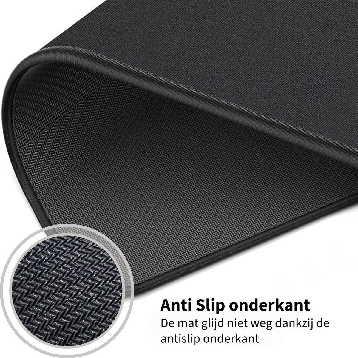 Close-up of a black anti-slip mousepad. The surface is textured, and the edges are rounded with a stitched border.