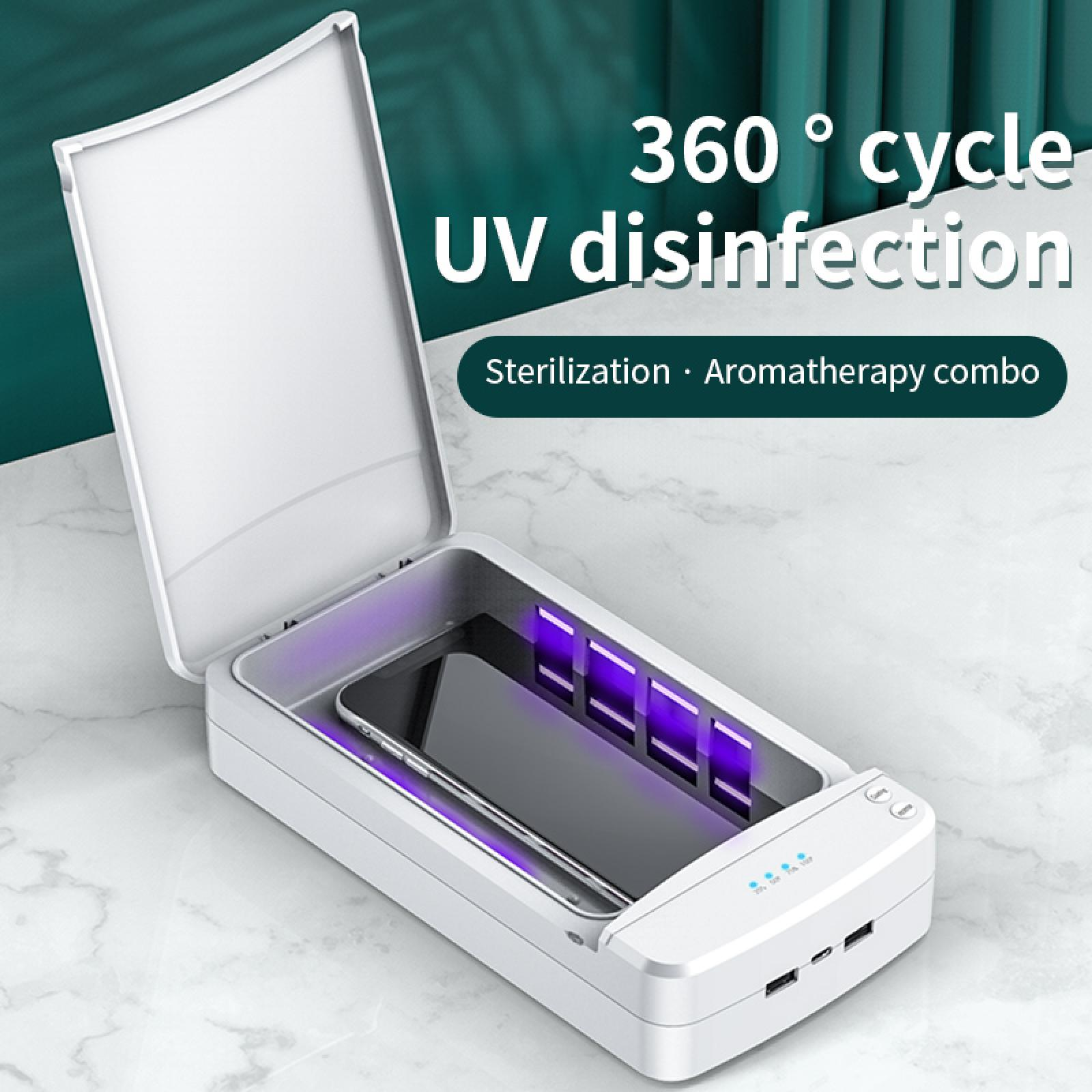 Weiße UV-Desinfektionsbox mit Telefon und violetten UV-Lichtern. Der Deckel ist offen. Text: 360° Zyklus UV-Desinfektion.