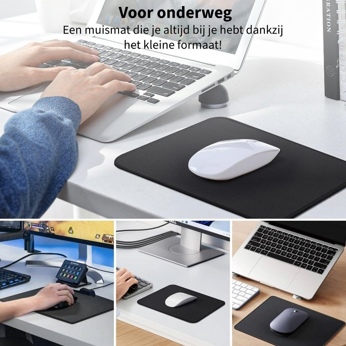 A person uses a laptop with a black mousepad and white mouse. Other images show similar setups.