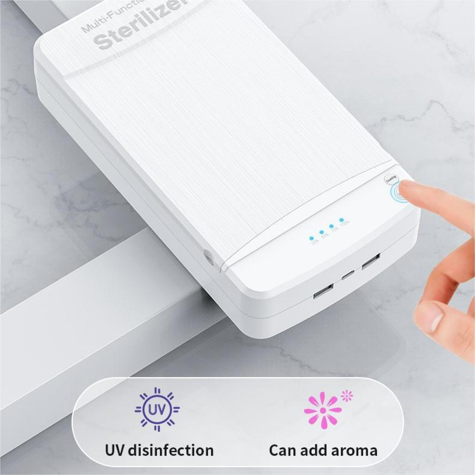 Weißes Sterilisationsgerät mit einem Finger, der einen Knopf drückt. Es hat Ladeanzeigen und ein UV-Desinfektionsetikett.