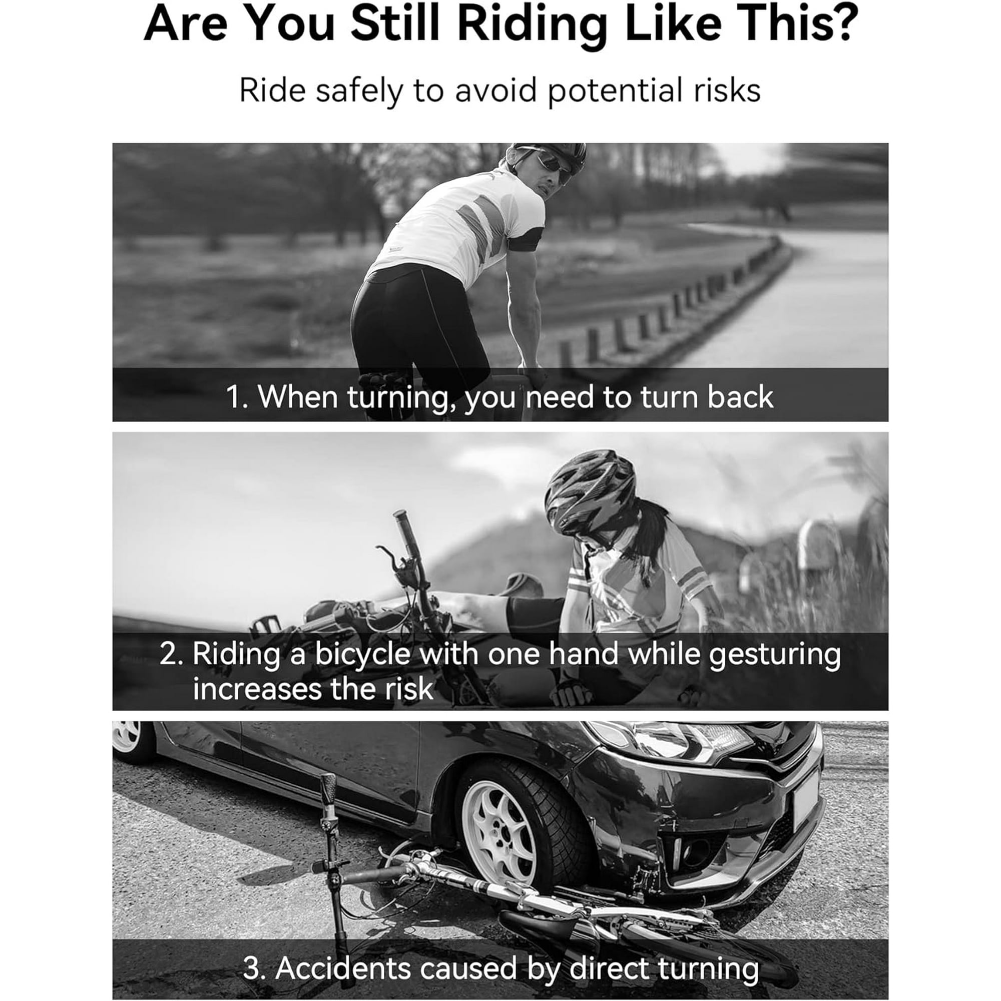 Das Bild zeigt Tipps zur Fahrradsicherheit: Wenden, Gestikulieren und Unfälle. Radfahrer werden in verschiedenen Szenarien gezeigt.