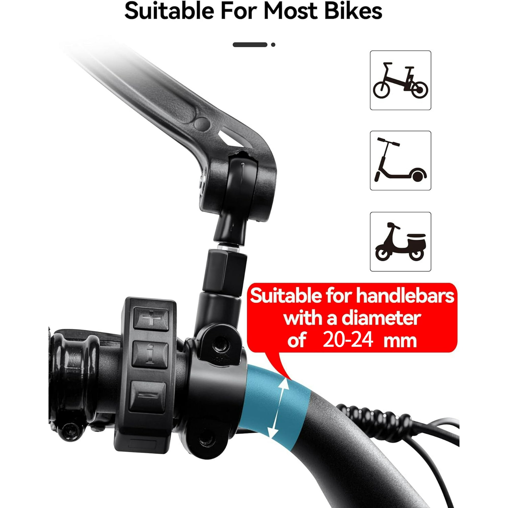 Fahrradspiegel an einem Lenker befestigt. Roter Text: Geeignet für Lenker mit einem Durchmesser von 20-24 mm. Icons von Fahrrädern und Rollern.