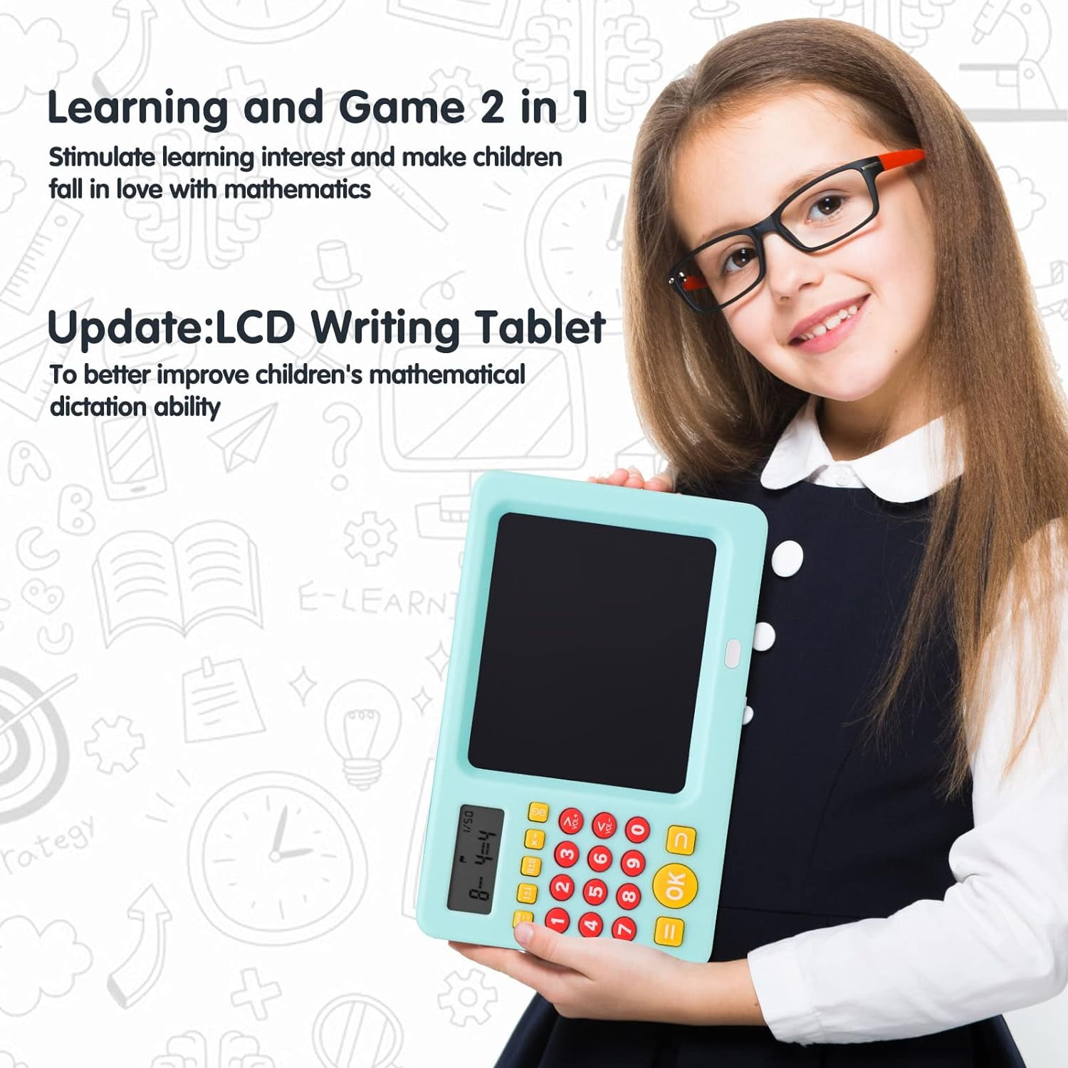 Ein Mädchen mit Brille hält ein türkisblaues Tablet mit Taschenrechner. Das Tablet hat einen schwarzen Bildschirm und farbige Knöpfe. Hintergrund mit Mathe-Symbolen.