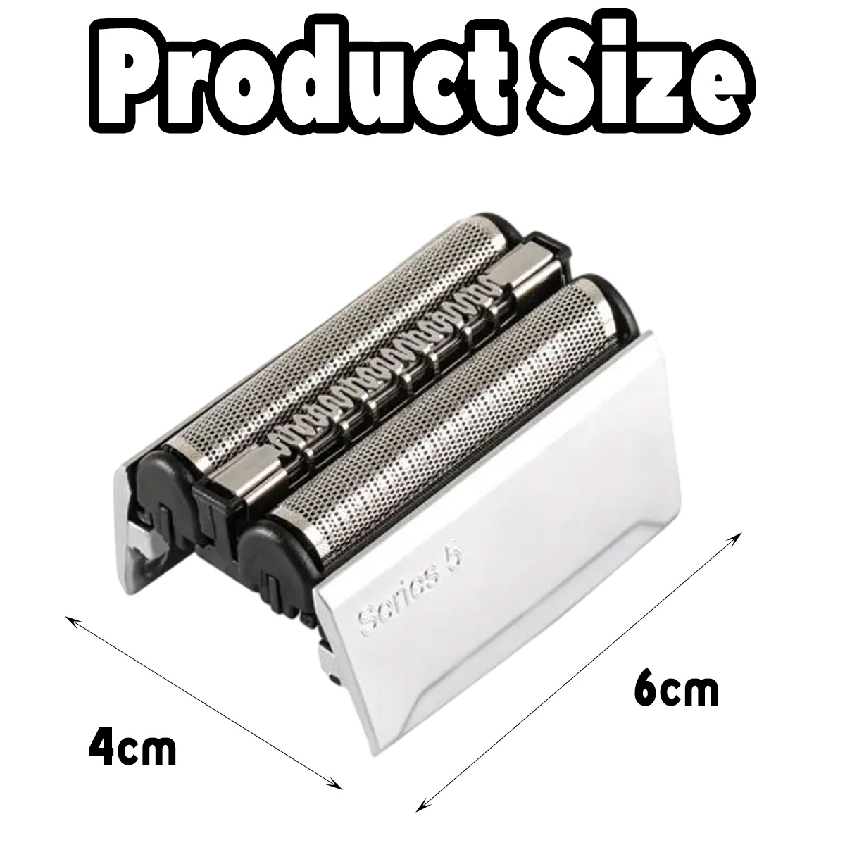 Ein silberner Rasiererkopf, beschriftet mit 'Series 5', mit den Maßen 4 cm und 6 cm. Der Text 'Produktgröße' steht oben.