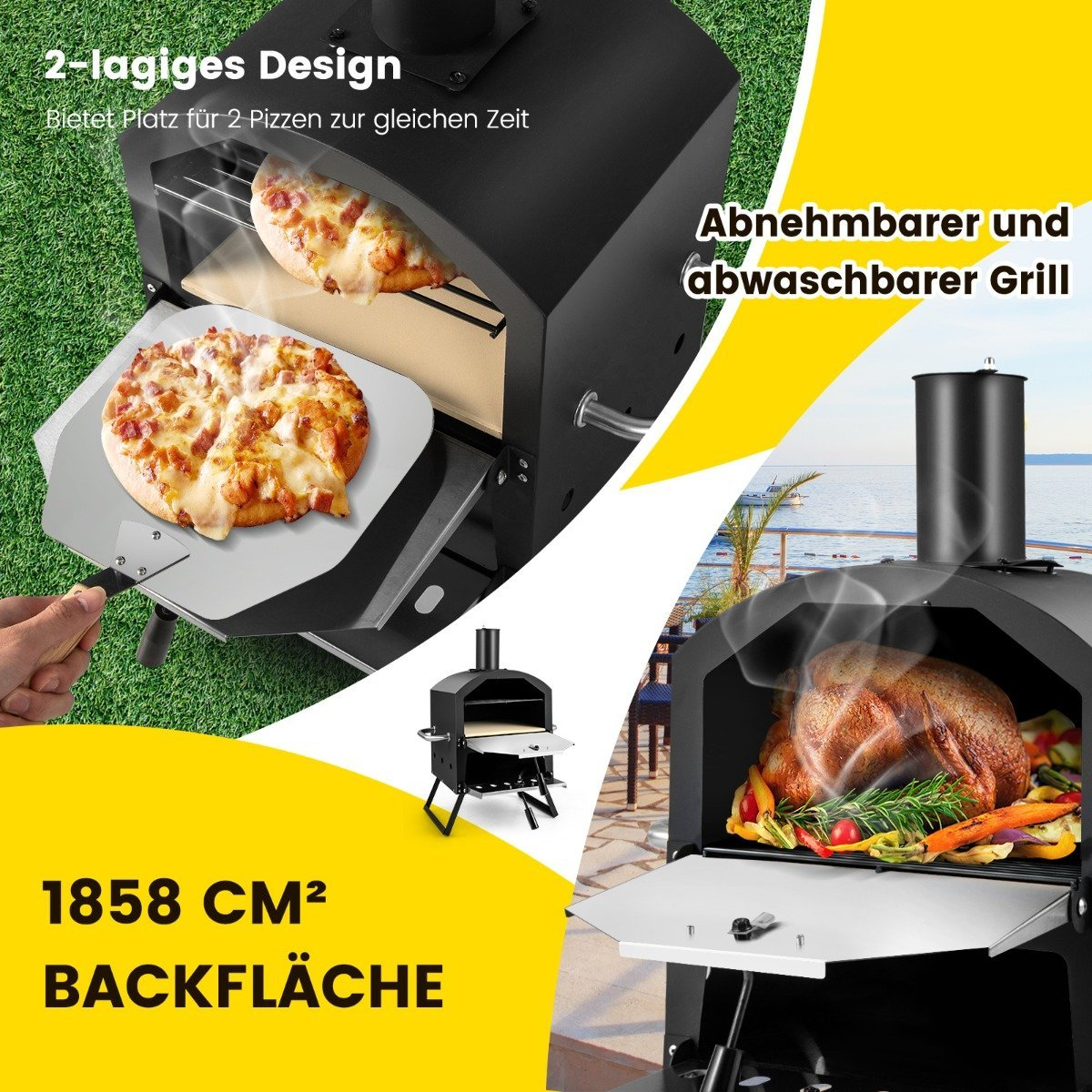 Un horno de pizza negro al aire libre con dos pizzas dentro y un pollo asado con verduras. Texto: 2-lagiges Design, 1858 CM² BACKFLÄCHE.