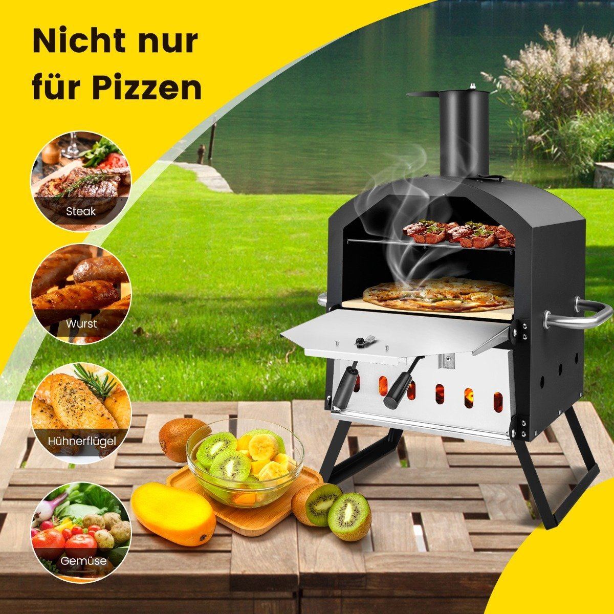 Horno de pizza al aire libre con pizza y carne dentro. Frutas y verduras en la mesa. Un lago está al fondo.