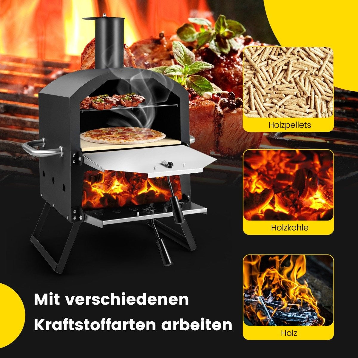 Un horno negro para exteriores con pizza y carne. Se muestran madera, carbón y pellets como combustible. Texto: Trabajar con diferentes combustibles.