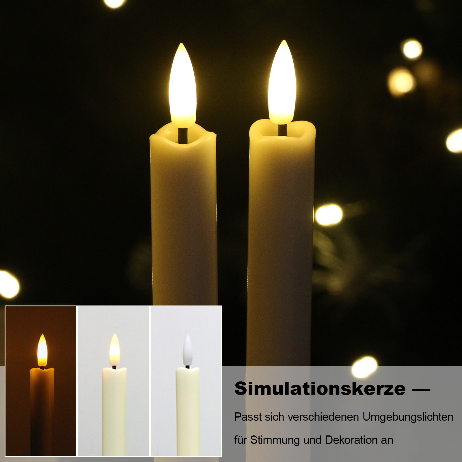 Zwei cremefarbene Kerzen mit flammförmigen Lichtern vor dunklem Hintergrund mit Bokeh-Lichtern und Simulationstext.