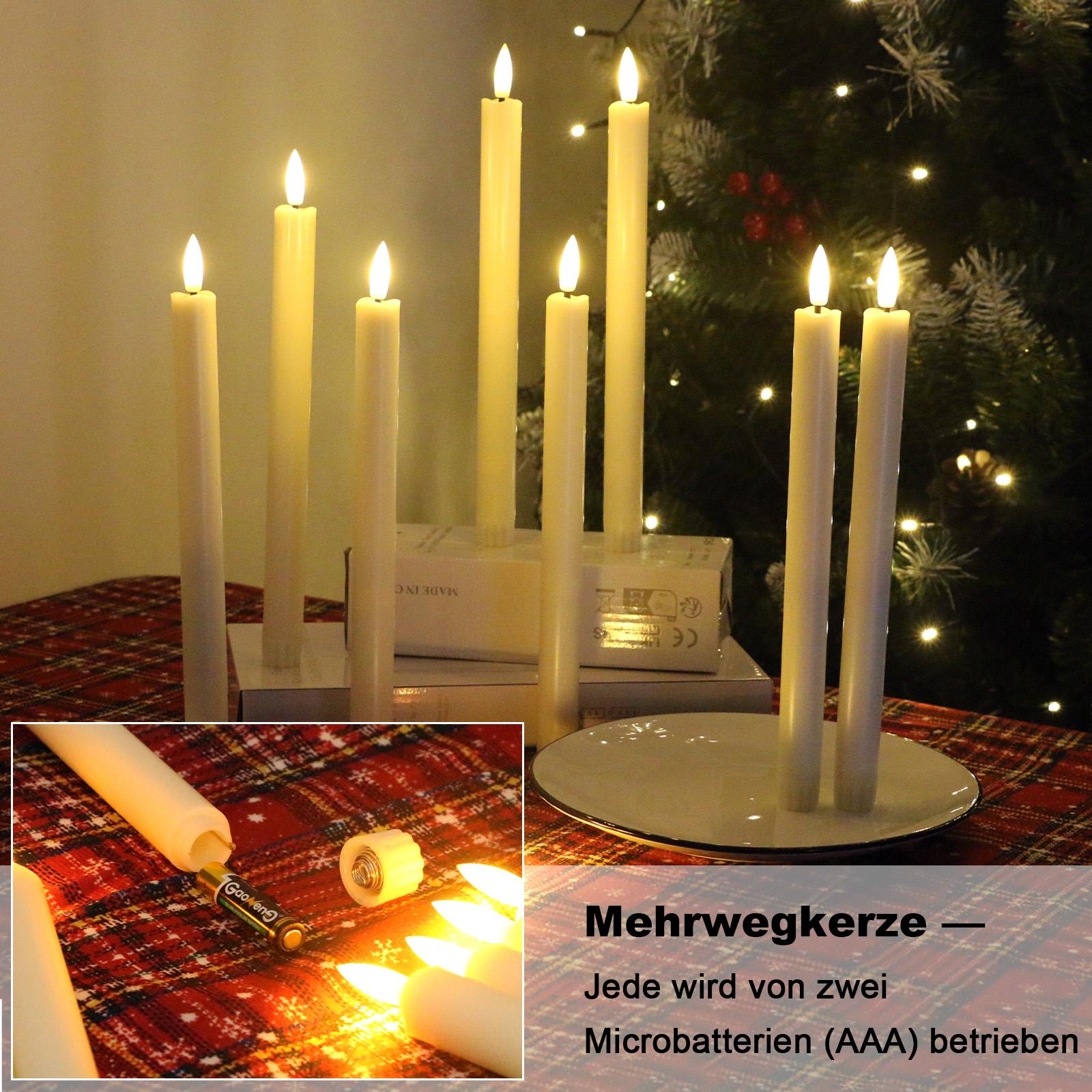 Beleuchtete Kerzen auf einem rot karierten Tisch mit Weihnachtsbaumhintergrund und Text zum Produkt.