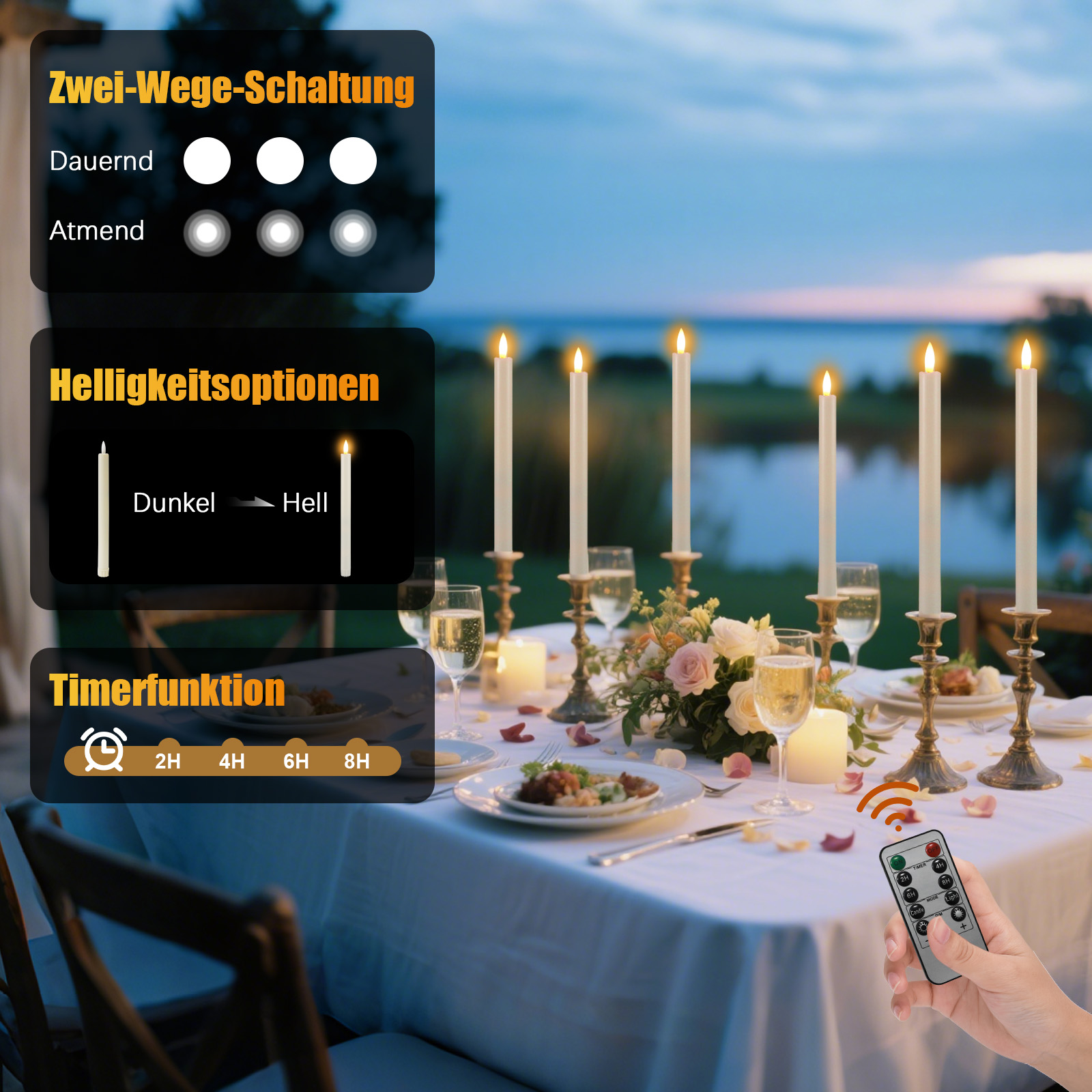 Ein Tisch ist mit Kerzen, Wein und Blumen gedeckt. Eine Fernbedienung wird zur Steuerung der Kerzen verwendet.