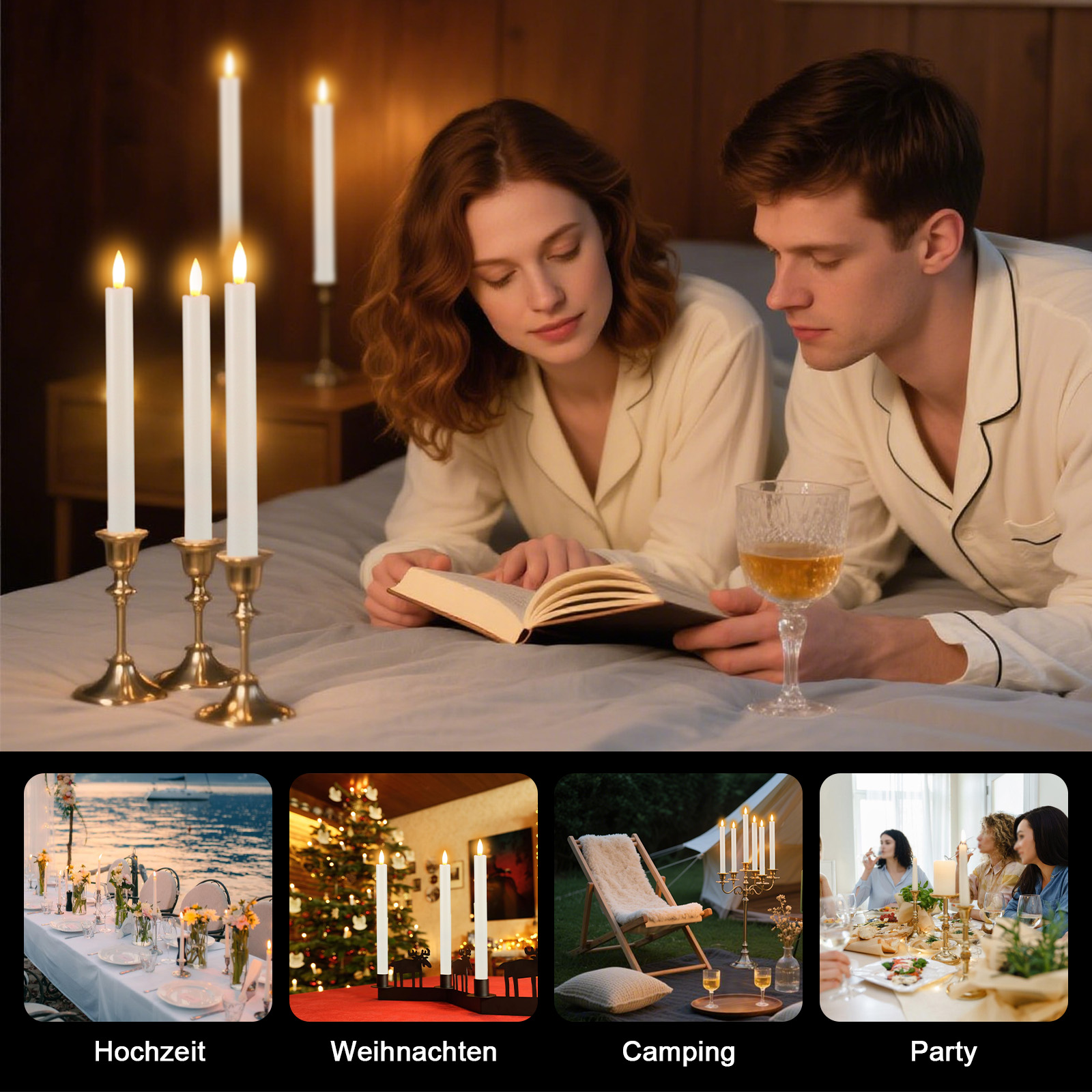 Ein Paar liest im Bett ein Buch in der Nähe von brennenden Kerzen. Weitere Szenen werden gezeigt: Hochzeit, Weihnachten, Camping und Party.