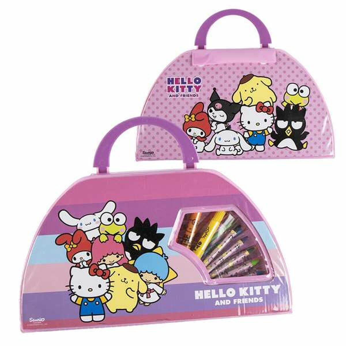 Zwei Hello Kitty and Friends-Koffer. Der obere ist rosa mit weißen Punkten. Der untere ist rosa, mit einem Fenster, das Buntstifte zeigt.