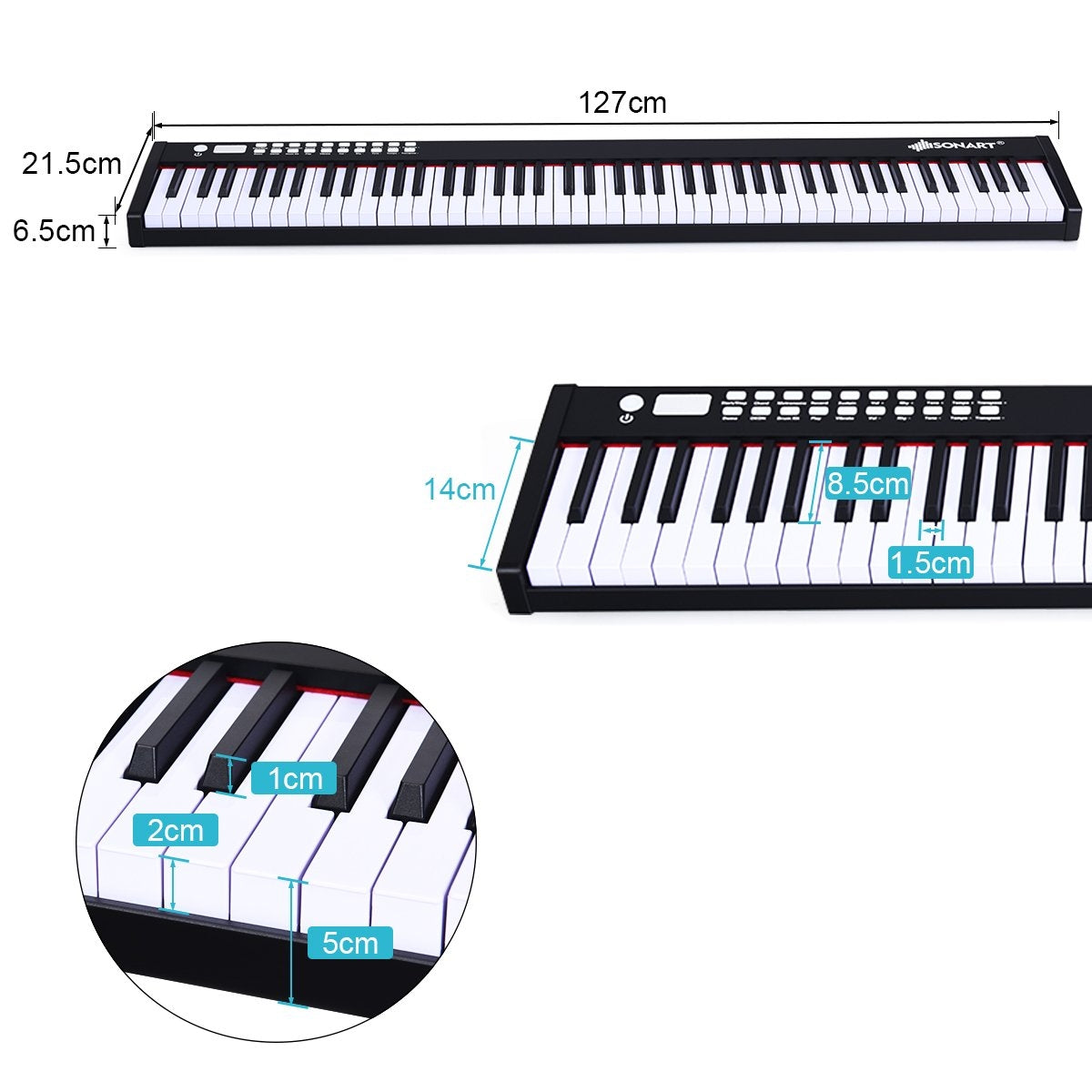 Un piano digital negro con teclas blancas y negras. Se muestran las dimensiones. Un primer plano muestra detalles.
