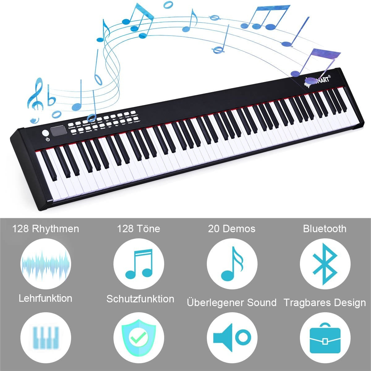 Un piano blanco y negro con notas musicales arriba. Los iconos de abajo describen funciones como Bluetooth, demos y tonos.