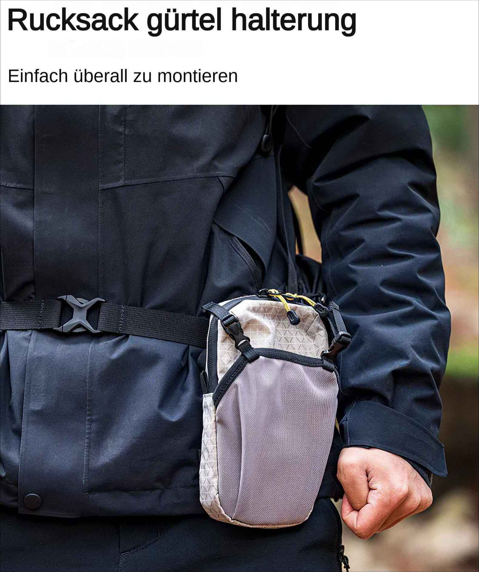 Eine Person mit schwarzer Jacke und einer kleinen Tasche am Hüftgurt. Die Tasche ist grau und beige.