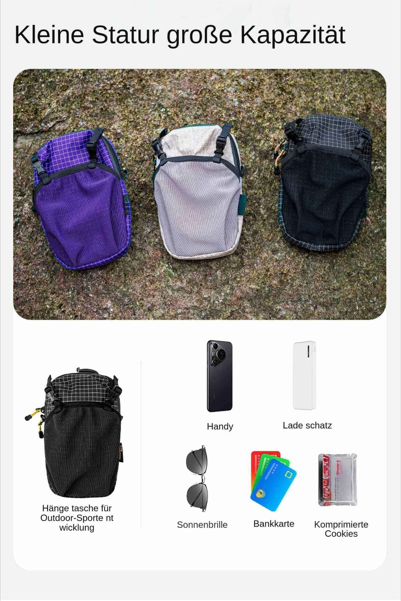 Drei kleine Taschen auf einem Felsen, ein Telefon, eine Powerbank, Sonnenbrillen, Karten und Kekse werden angezeigt. Die Taschen sind lila, grau und schwarz.