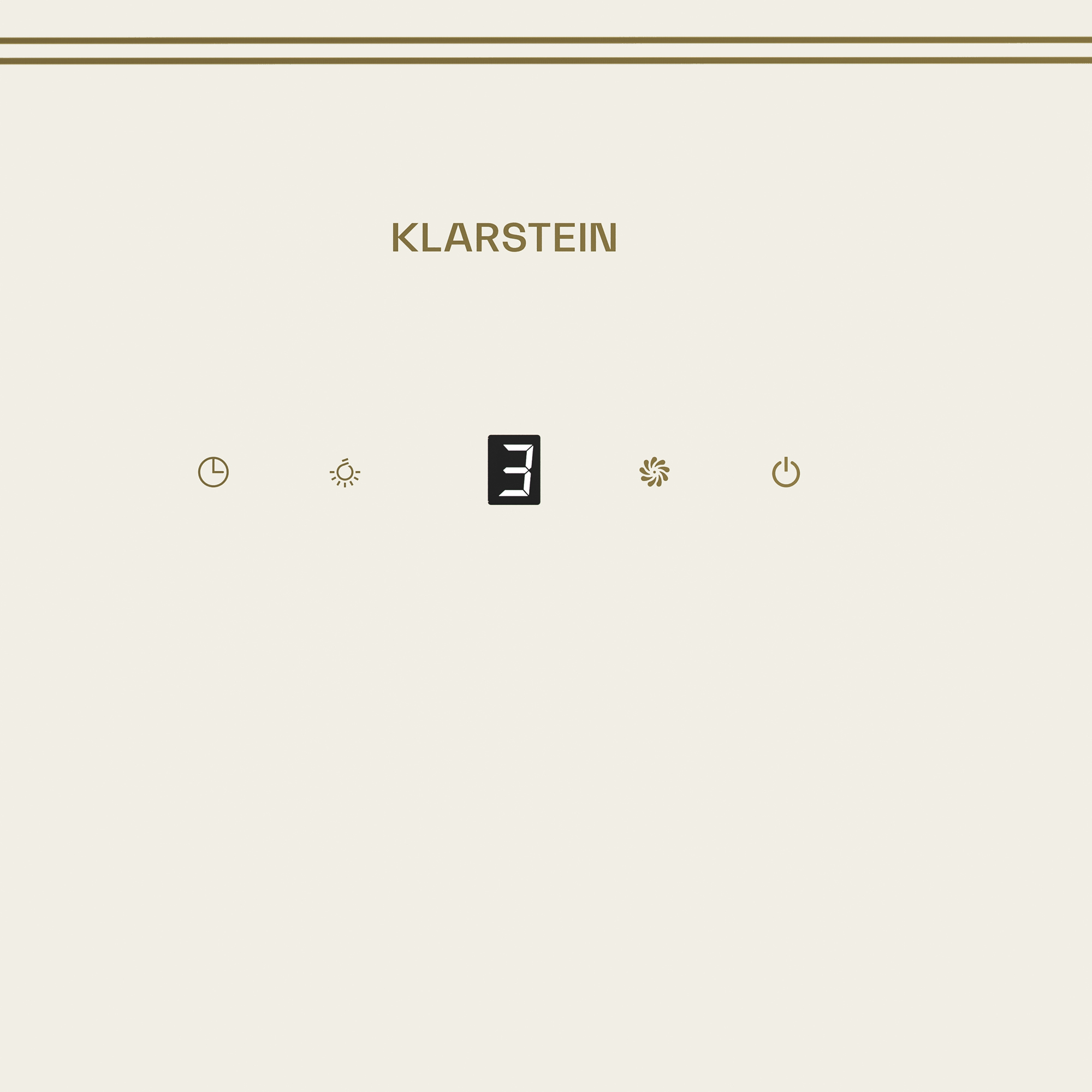 Fondo crema con texto 'KLARSTEIN'. Iconos: reloj, sol, número 3, ventilador y botón de encendido.