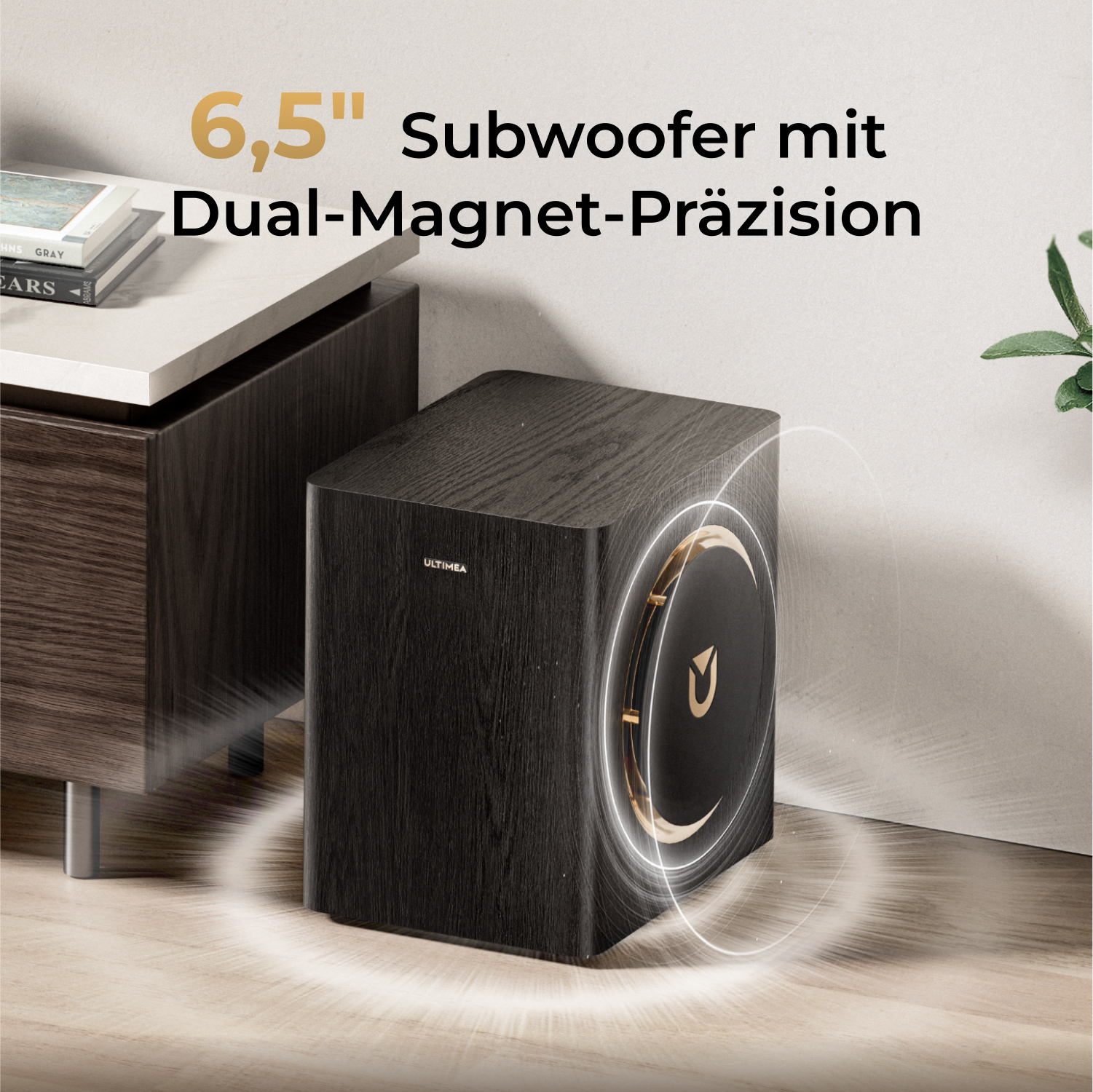 Czarny subwoofer ze złotym głośnikiem, umieszczony na drewnianej podłodze. Tekst na górze mówi '6,5" Subwoofer'. Szafka i roślina po lewej.