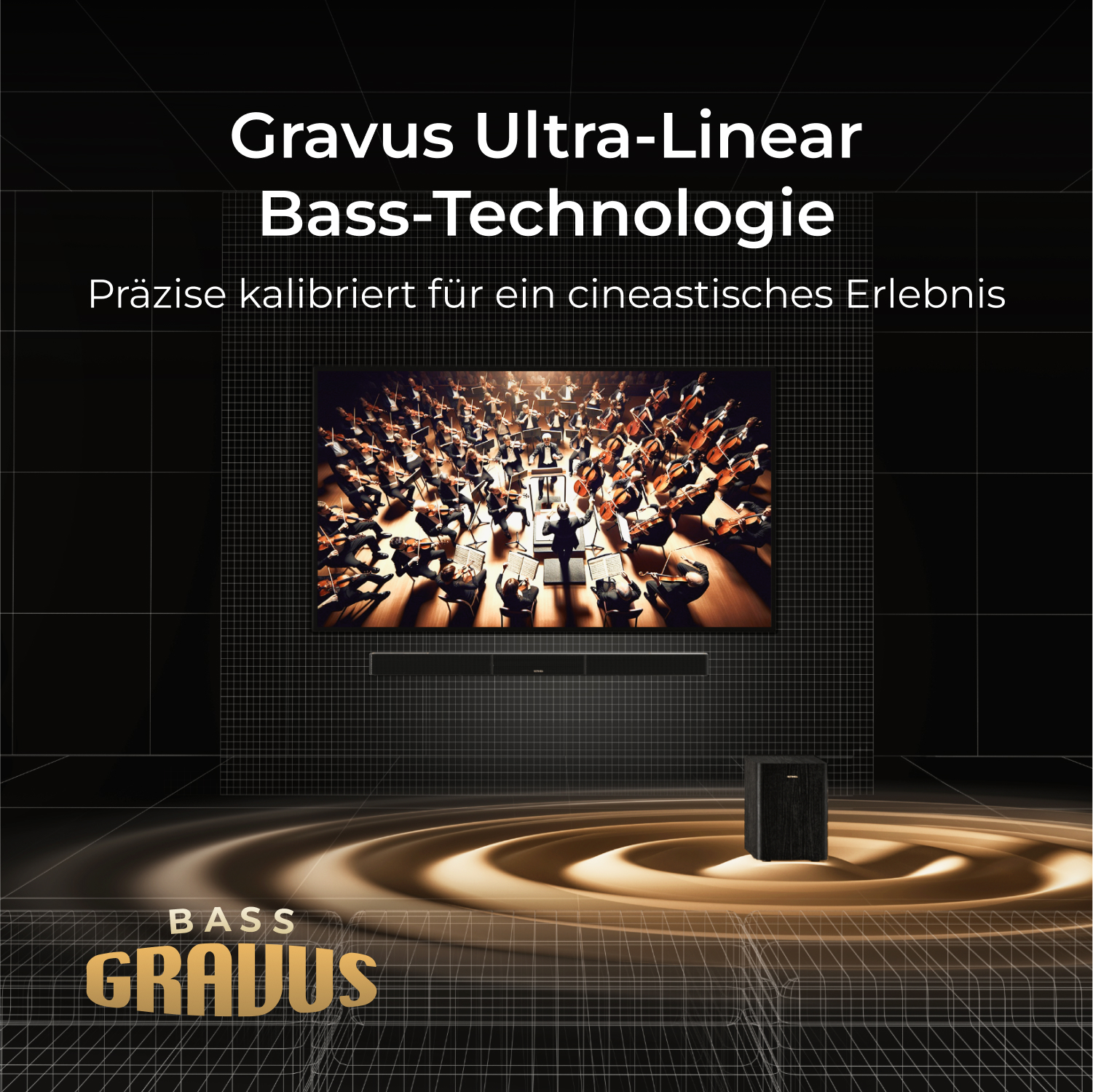 Orkiestra występująca w pomieszczeniu ze sprzętem audio. Nakładka tekstowa brzmi: 'Gravus Ultra-Linear Bass-Technologie'.