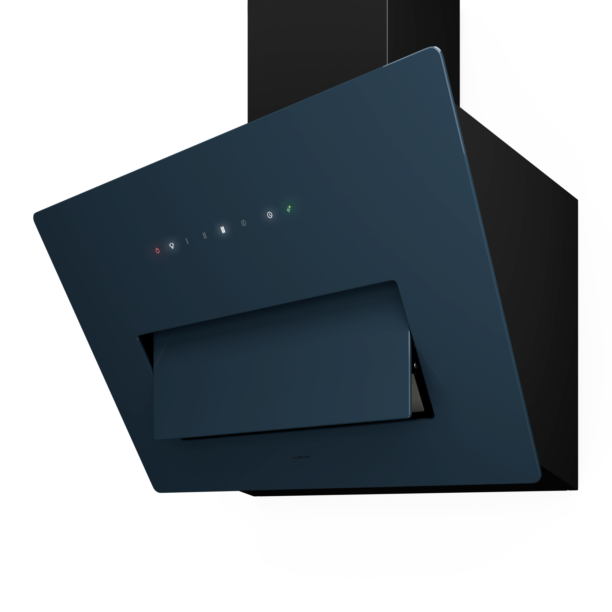 Una cappa blu con icone di controllo illuminate. Ha una forma rettangolare ed è angolata verso sinistra.