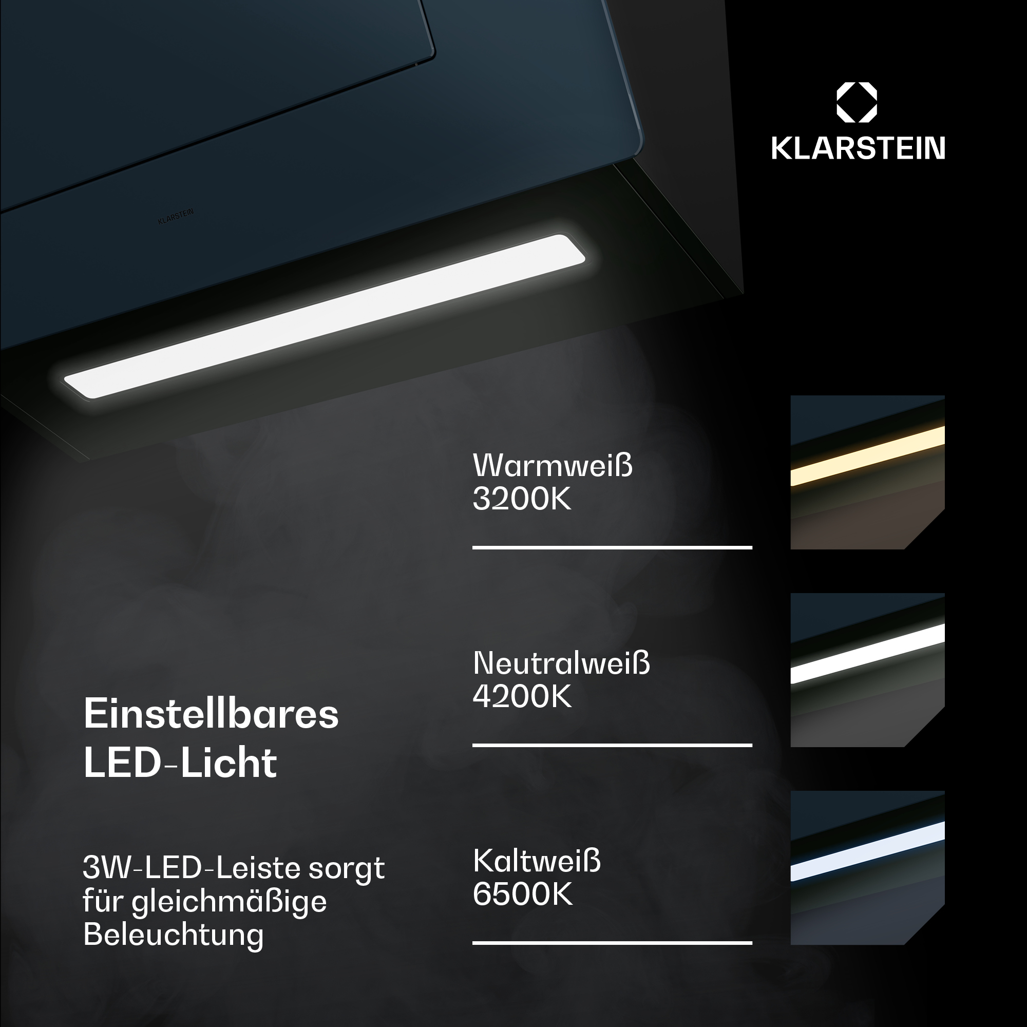 Una luce LED regolabile con tre temperature di colore: bianco caldo, bianco neutro e bianco freddo. Logo Klarstein in alto a destra.