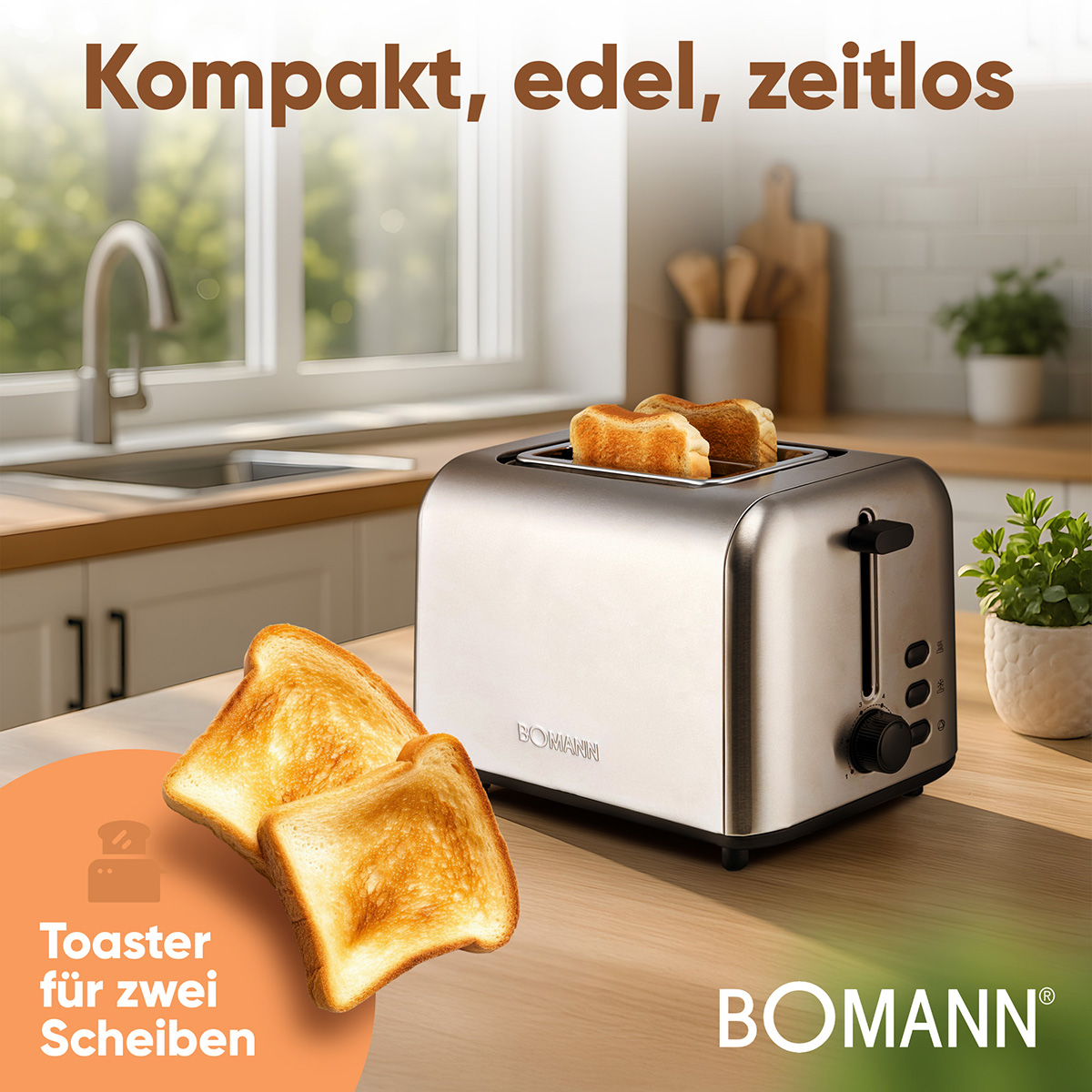 Ein Toaster aus Edelstahl mit zwei Toastscheiben. Zwei Toastscheiben liegen auf der Theke. Der Markenname ist sichtbar.