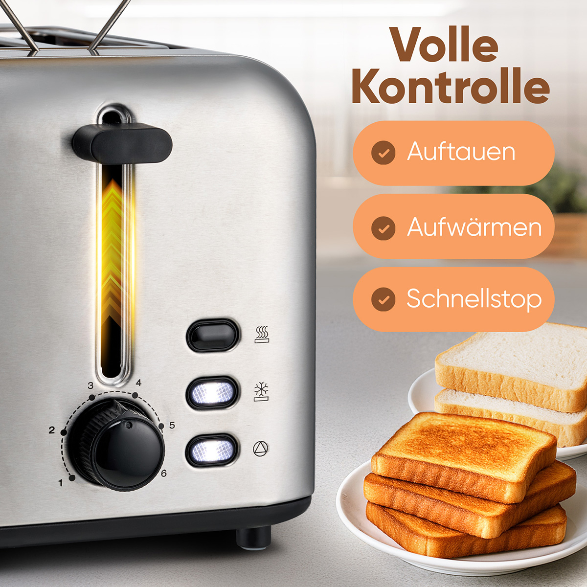 Ein Edelstahl-Toaster mit schwarzem Drehknopf und Knöpfen. Getoastetes Brot liegt auf Tellern. Text: Volle Kontrolle.