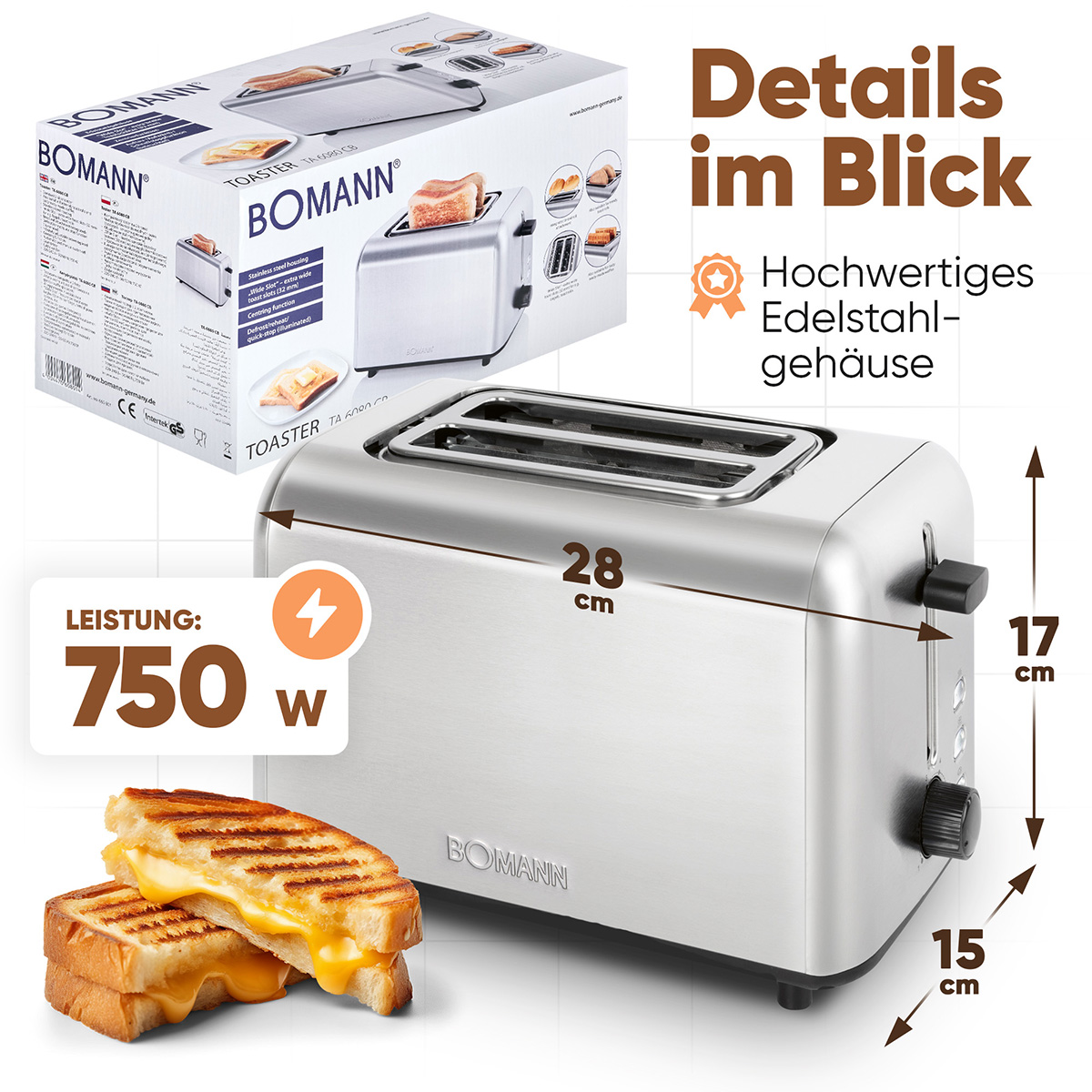 Ein silberner Toaster mit Karton, Abmessungen und getoasteten Käsesandwiches. Text zeigt 750W Leistung und die Marke BOMANN.