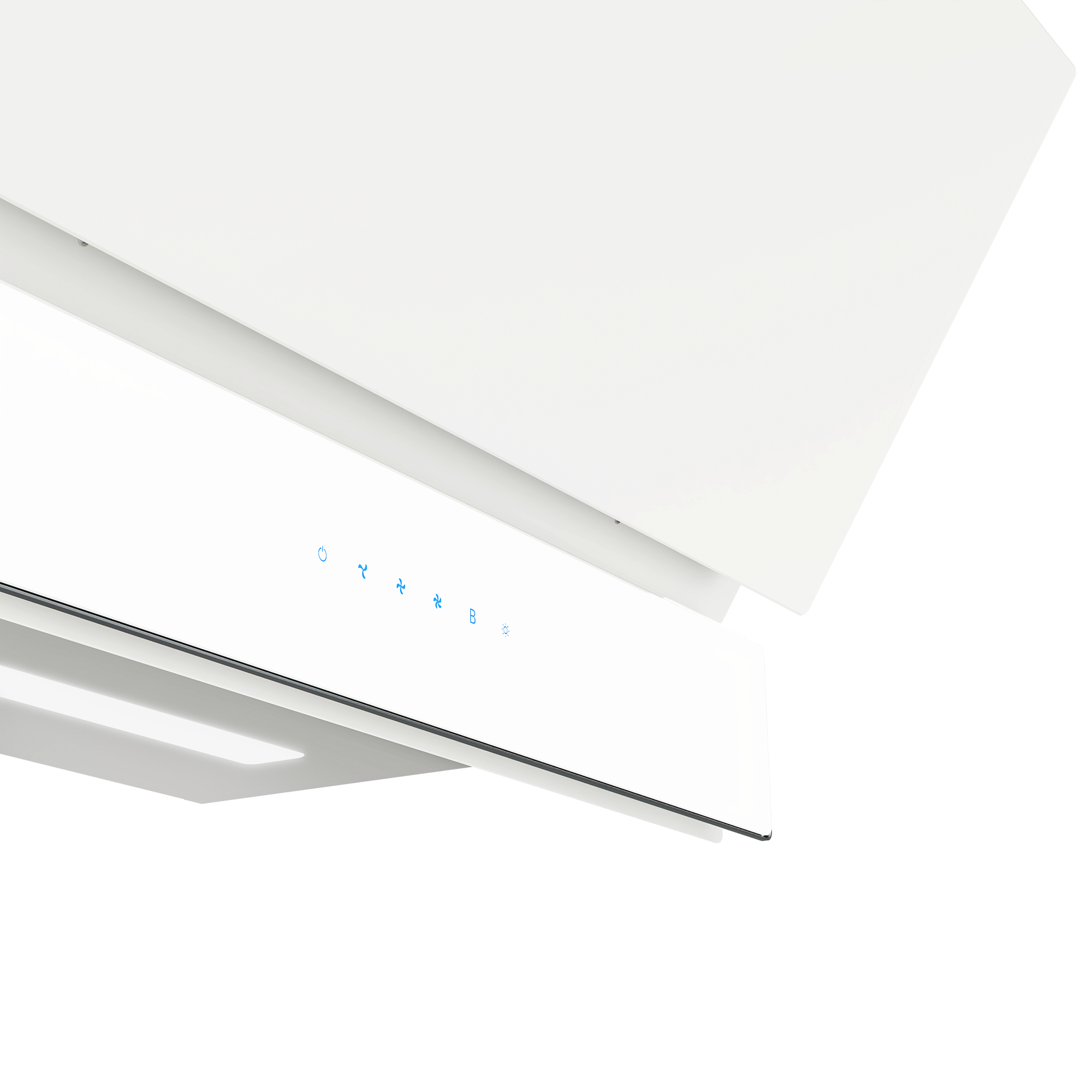 Primo piano di una cappa bianca con icone blu. La cappa ha un design elegante con luce e comandi.